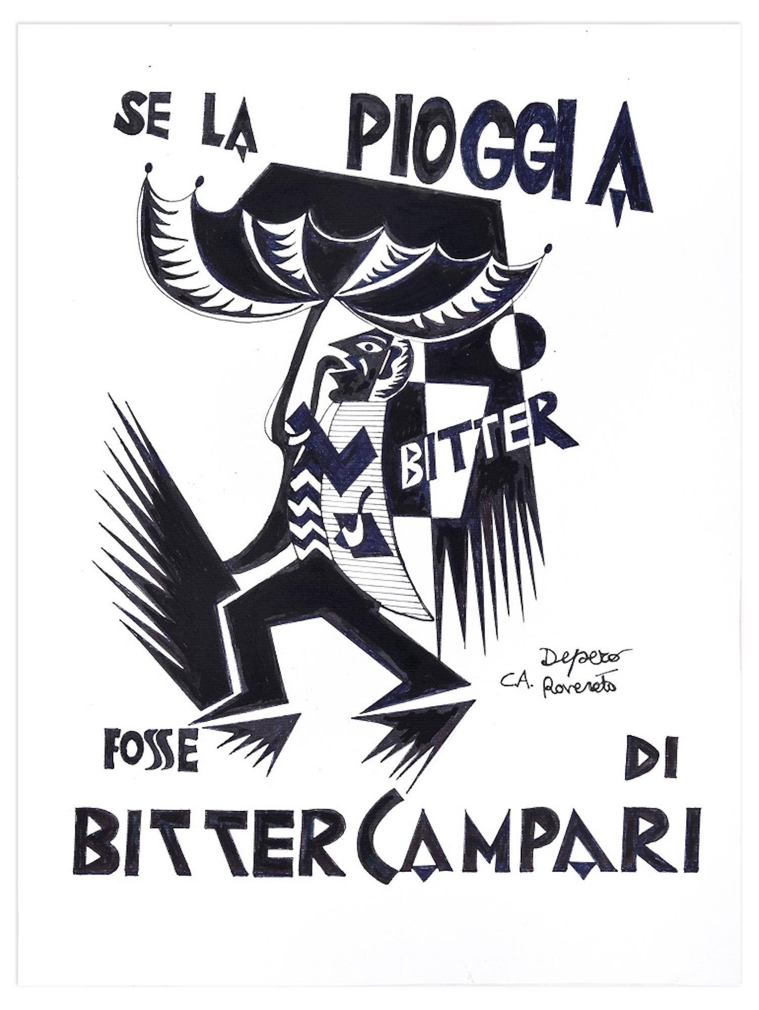 Unknown Figurative Art - Se La Pioggia Fosse Di Bitter Campari - Original Ink Drawing After F. Depero