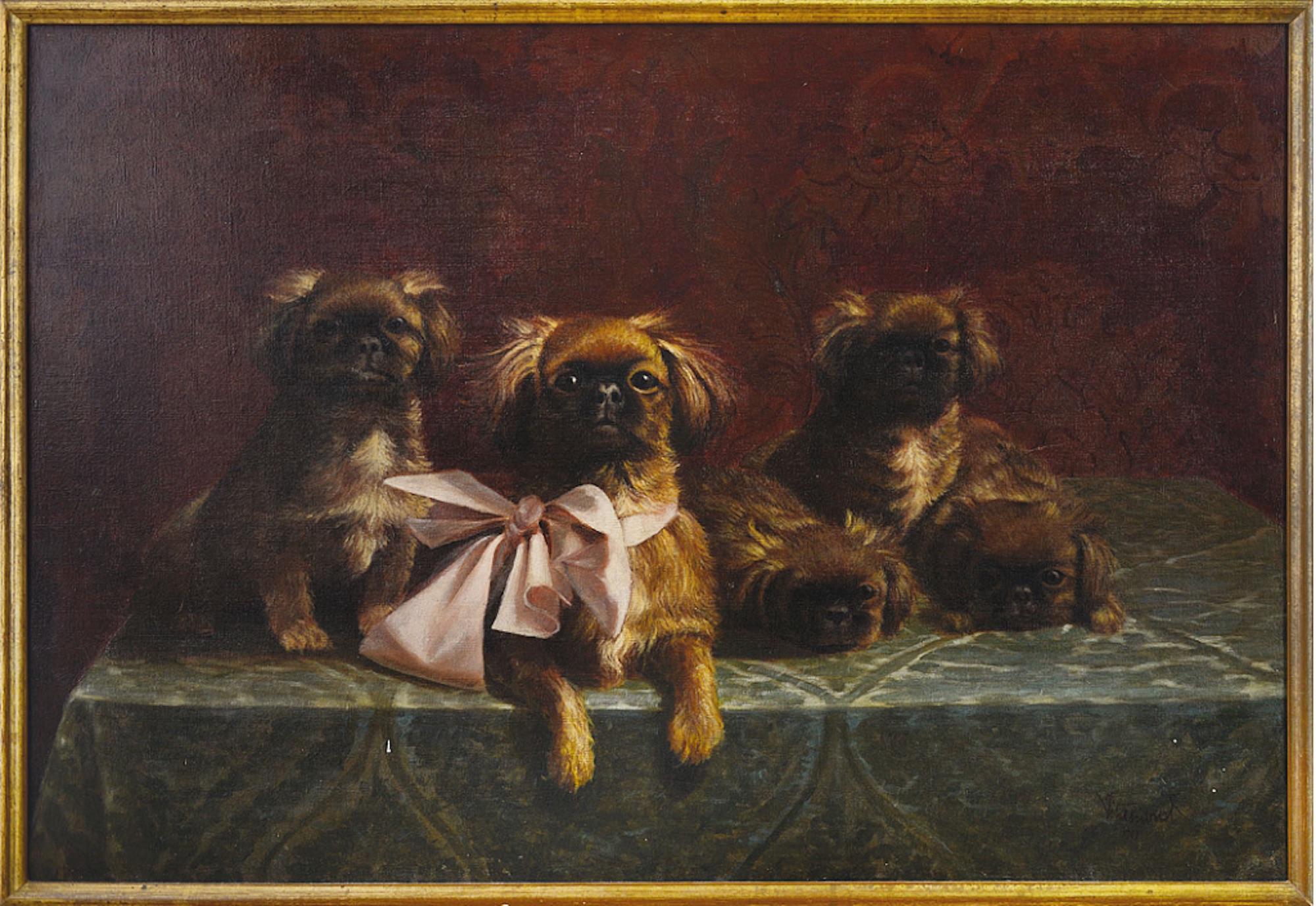 Figurative Painting de Filiberto Vitaliano Rossi - Familia de perros pequineses - Óleo sobre lienzo por F.V. Rossi - 1939