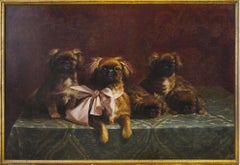 Vintage Pekingese Family of Dogs - Oil on Canvas by F.V. Rossi - 1939