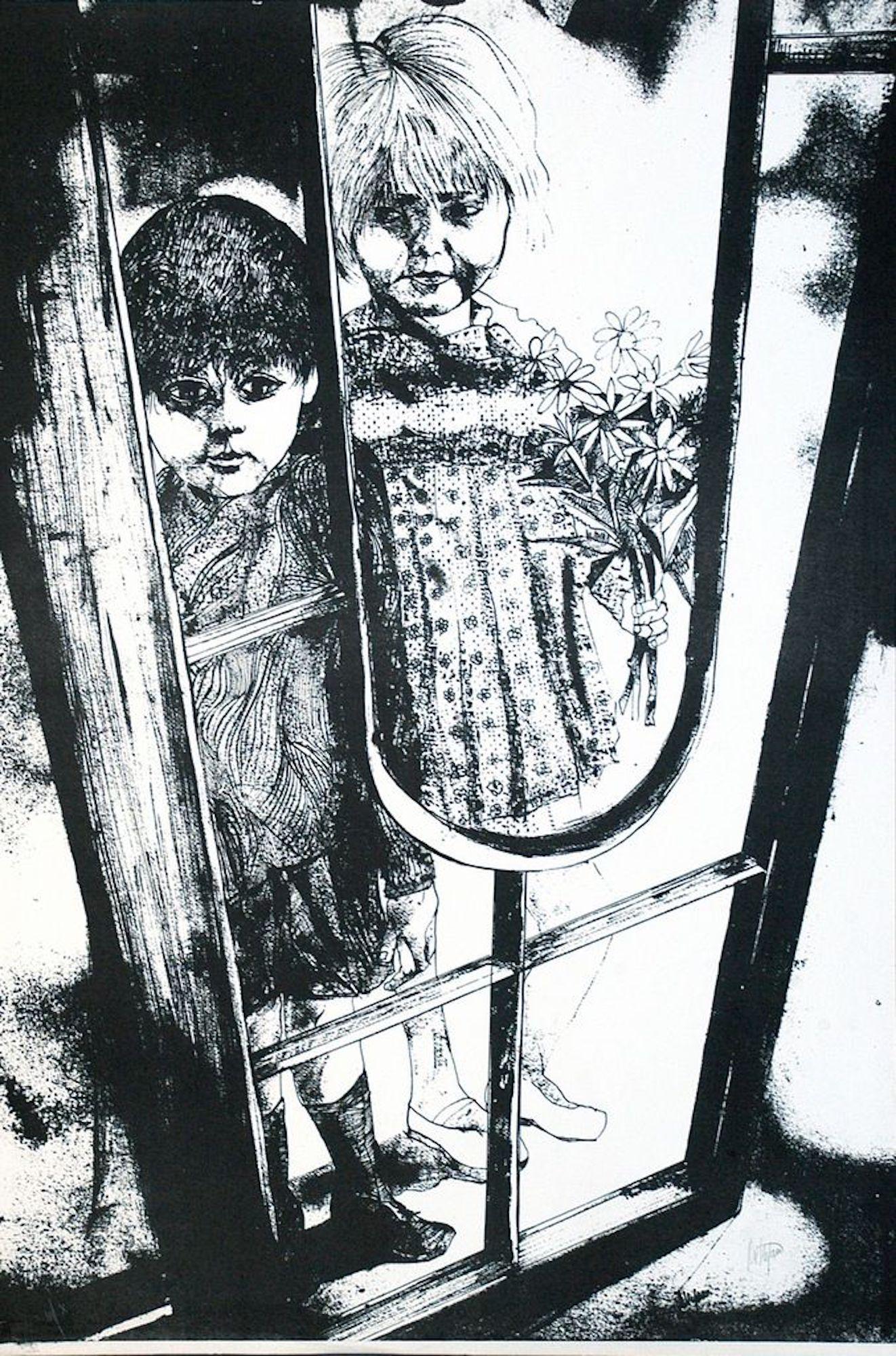 Gabriele De Stefano Figurative Print - Children - Original Lithograph by G. De Stefano - 1970 ca.