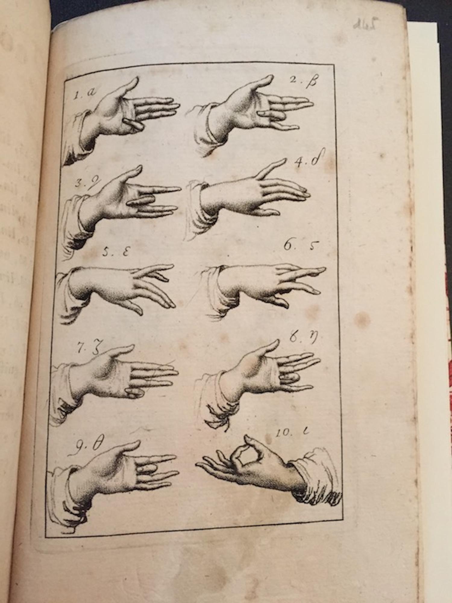 Erste Ausgabe dieses seltenen und wichtigen Werkes des spanischen Abtes Vincente Requeno (1743-1811) über die Bedeutung von Handzeichen und Positionen in der Kommunikation.

Dedic der Herausgeber an den 