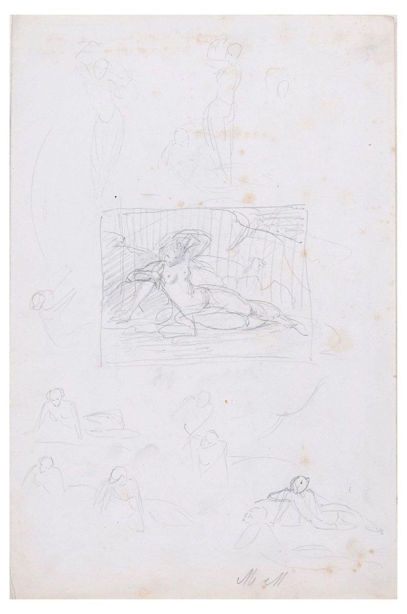 Unknown Figurative Art - Composition with Nude Woman - Original Pencil Drawing Early 20th Century