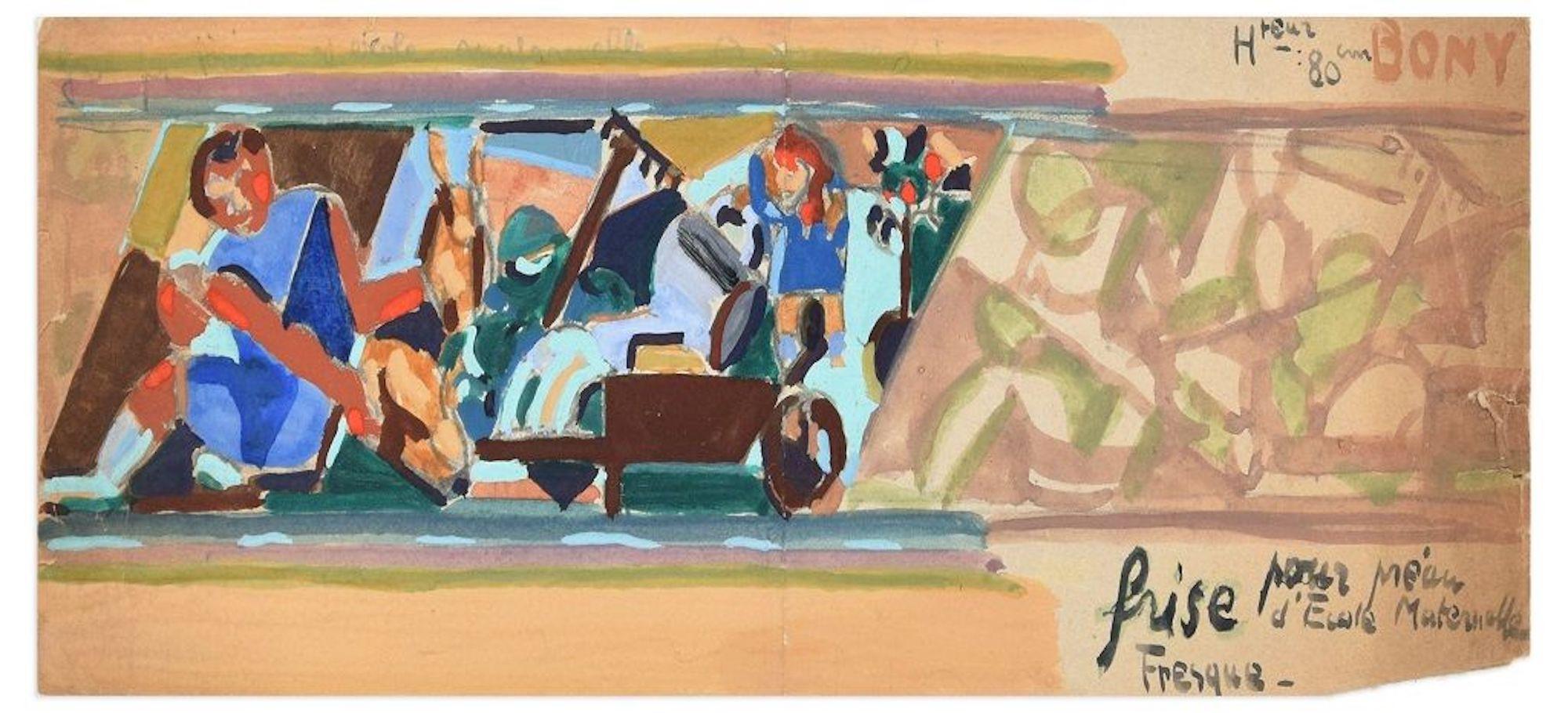 Skizze für Frescoed Frieze – Bleistift und Gouache von Paul Bony – 1932