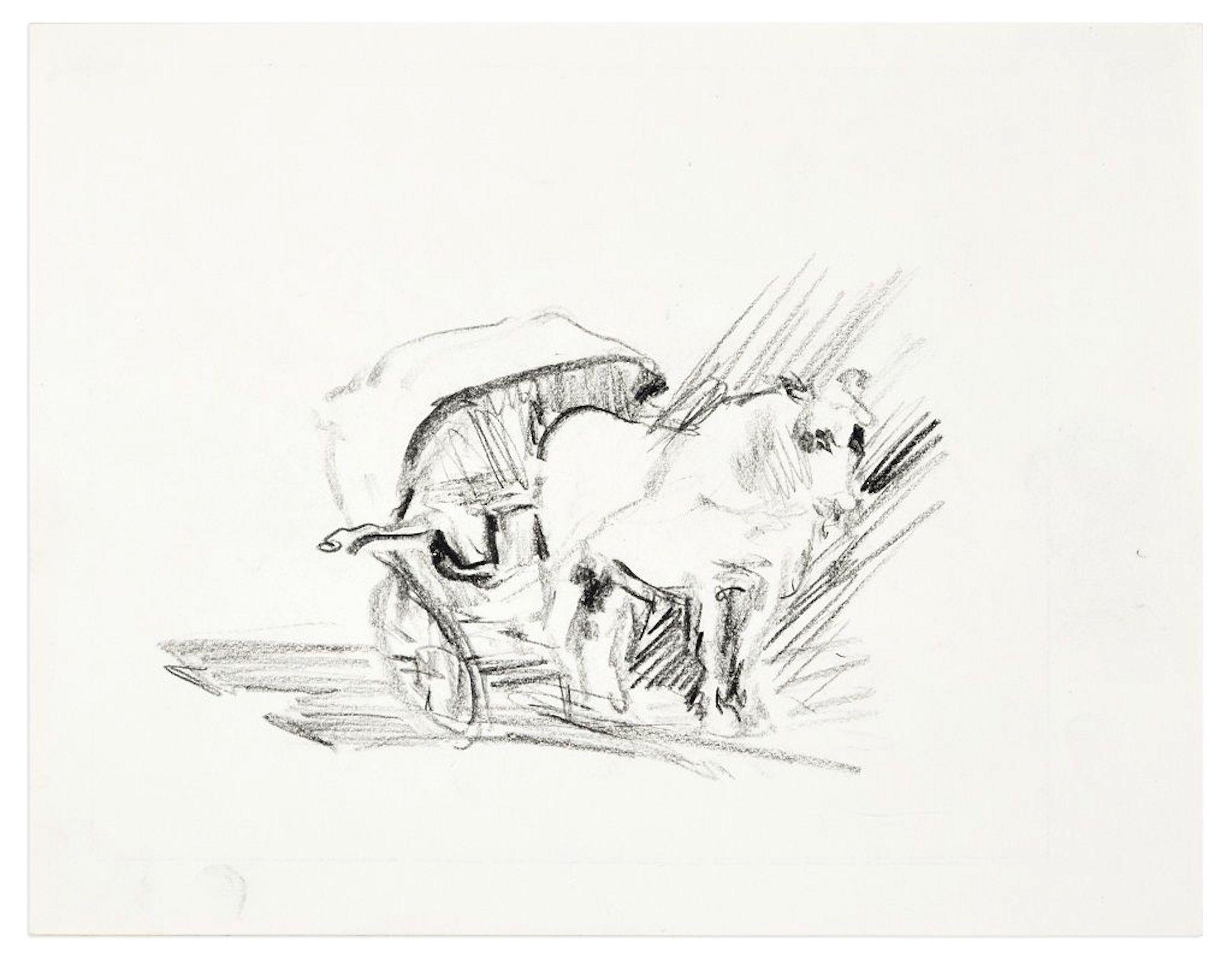 Nicolas Czinober Figurative Art - Horse and Carriage  - Original Charcoal Drawing y N. Czinober - Mid 1900