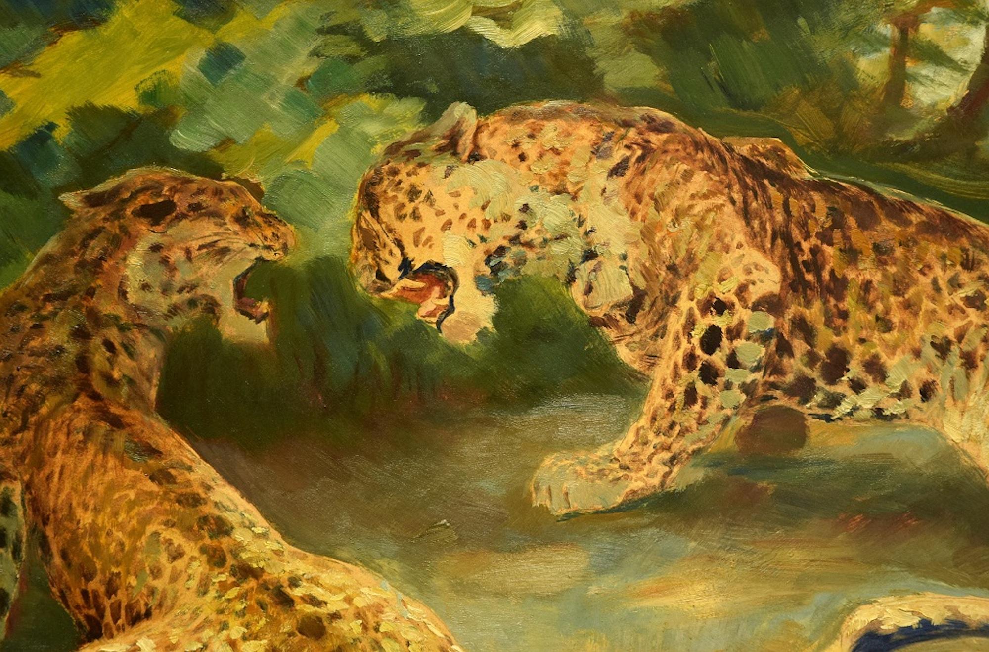 Playing Leopards - Original Oil on Canvas by F. Schebeck - Early 1900 - Painting by Ferdinand Schebeck