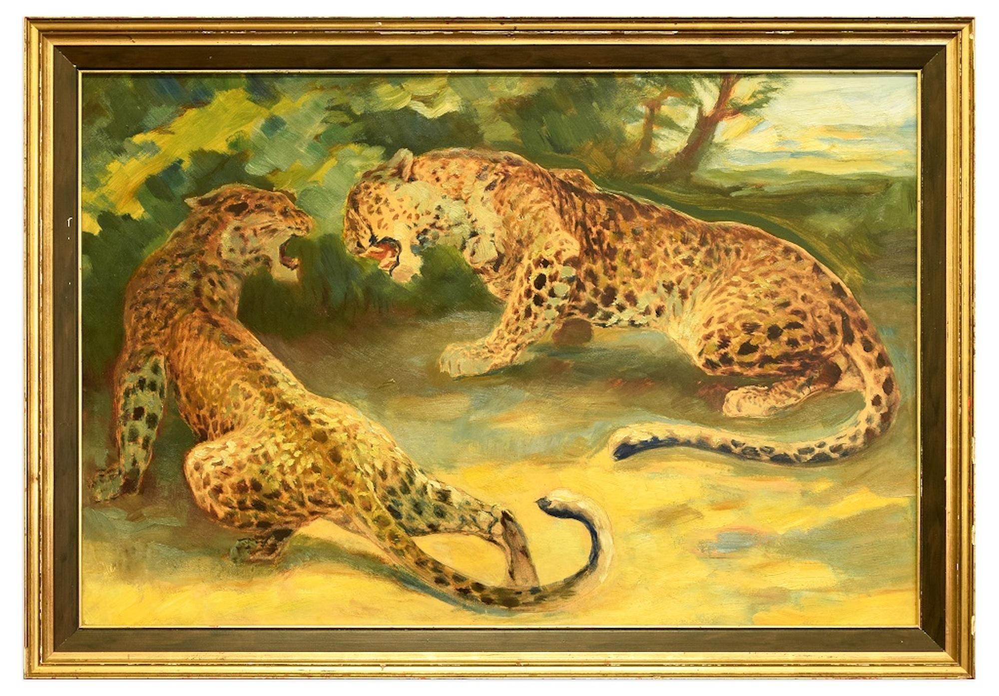 Ferdinand Schebeck Animal Painting - Playing Leopards - Original Oil on Canvas by F. Schebeck - Early 1900