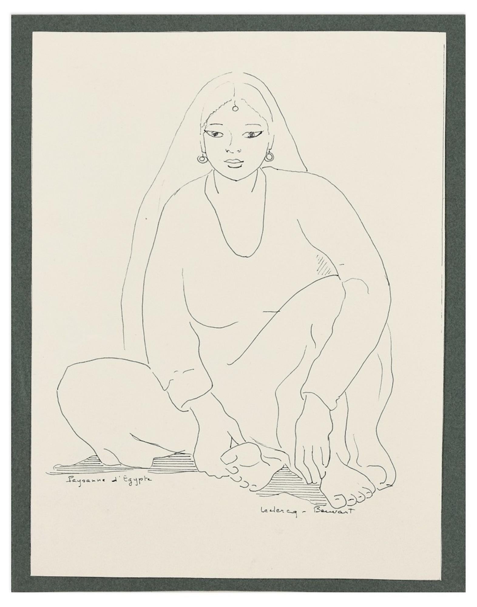 Simone Leclercq-Beuvart Figurative Art - Paysanne d’Egypte - Original Ink Drawing by S. Leclercq-Beuvart - Mid 1900