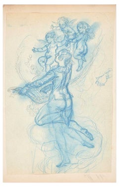Study with three Angels - Drawing by A. Willette - End of 19th Century