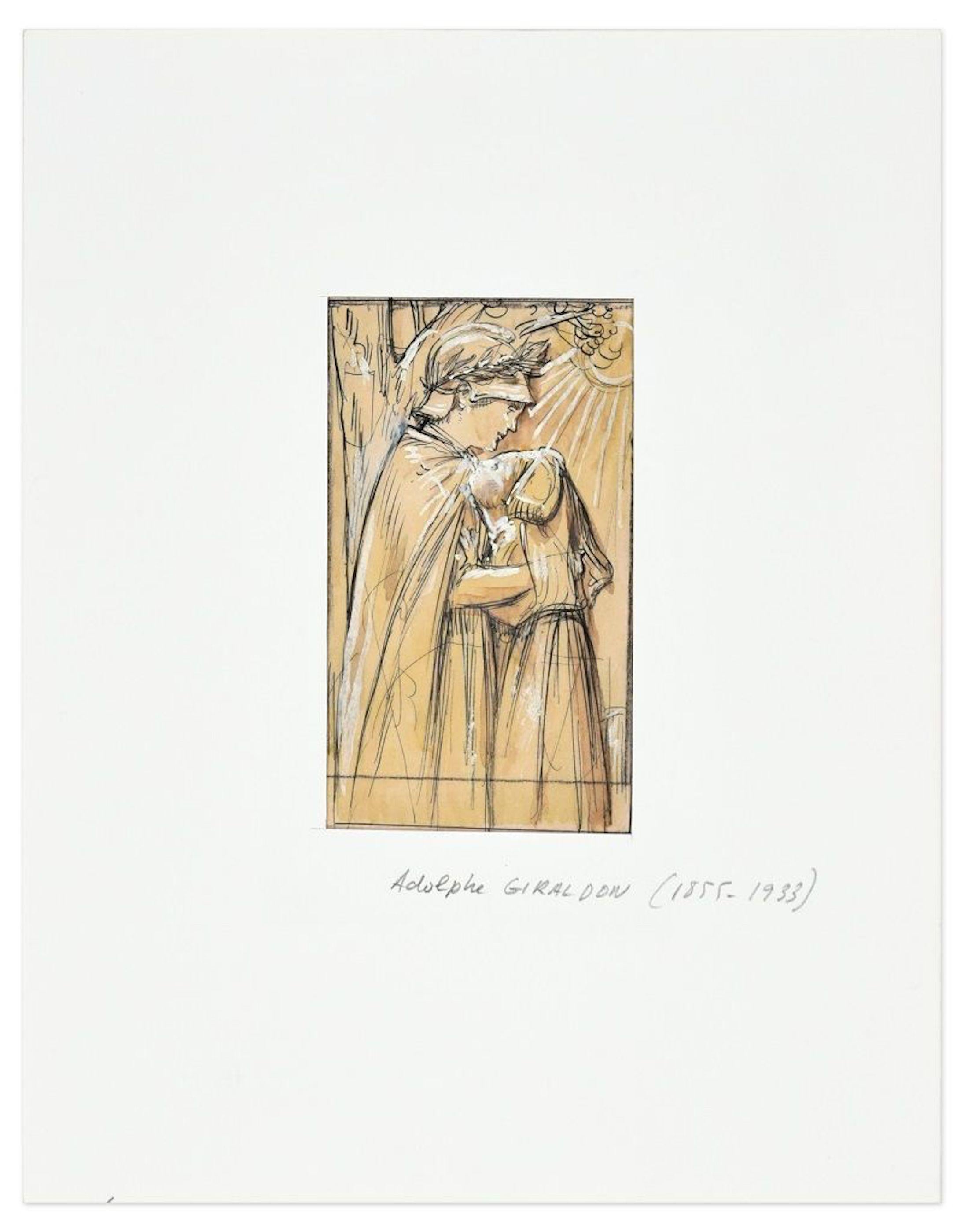 Embrace – Original China-Tintenzeichnung von A. Giraldon – frühes 20. Jahrhundert – Art von Adolphe Giraldon