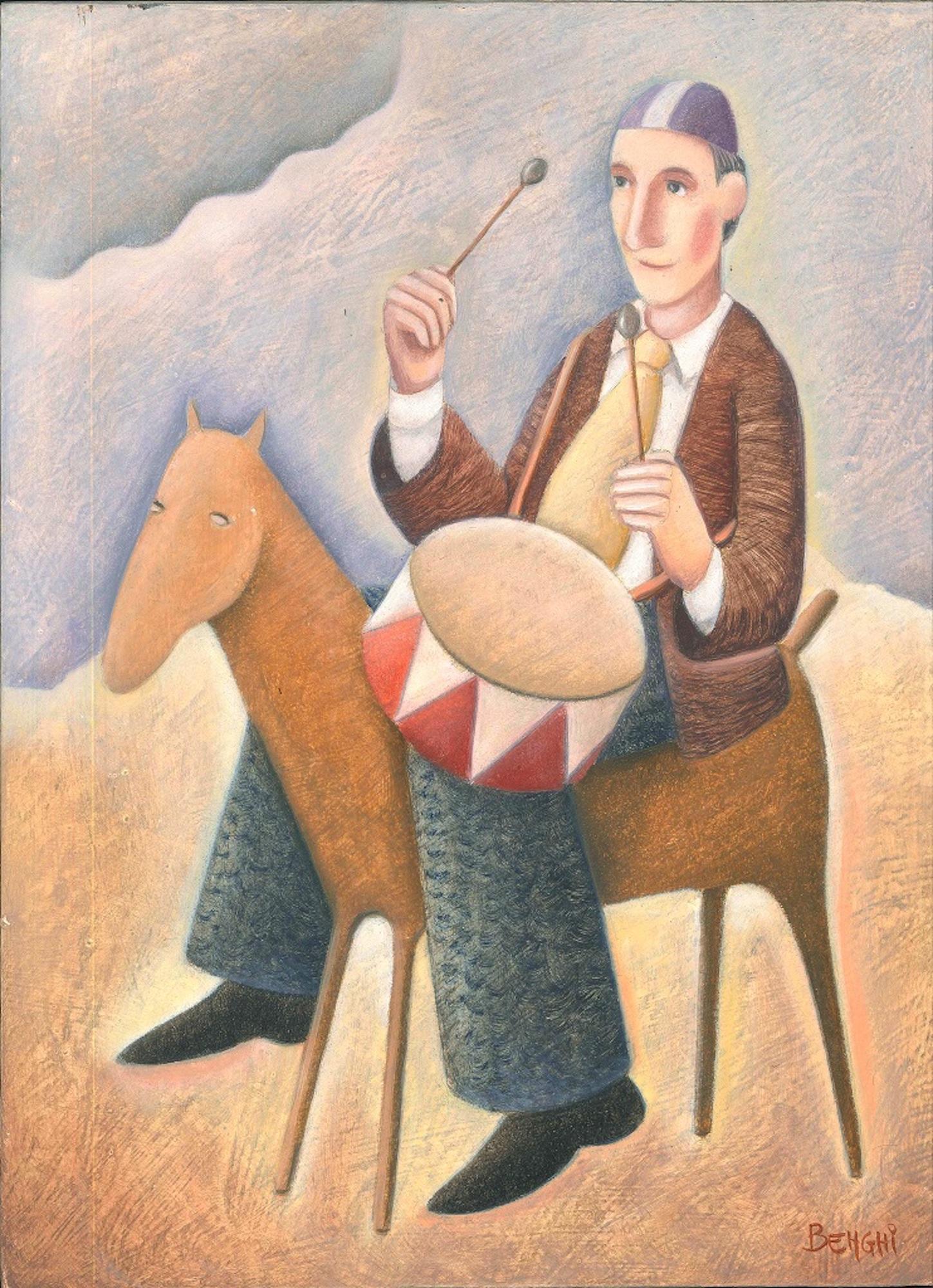 Figurative Painting de Claudio Benghi - Tamburino a Cavallo - Óleo original sobre tabla de madera de C. Benghi -