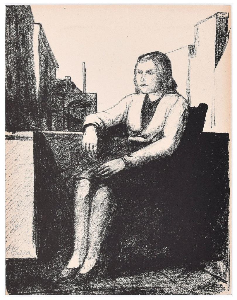 Portrait Print di Pompeo Borra - Donna seduta - Litografia originale di P. Borras - Anni '50