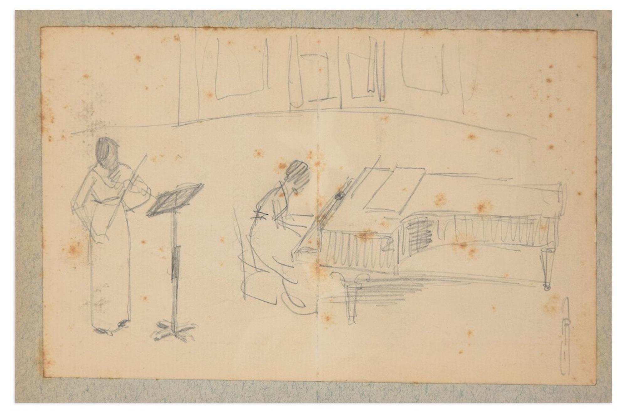 Concertino - Original Pencil Drawing by A.J.B. Roubille - Early 20th Century