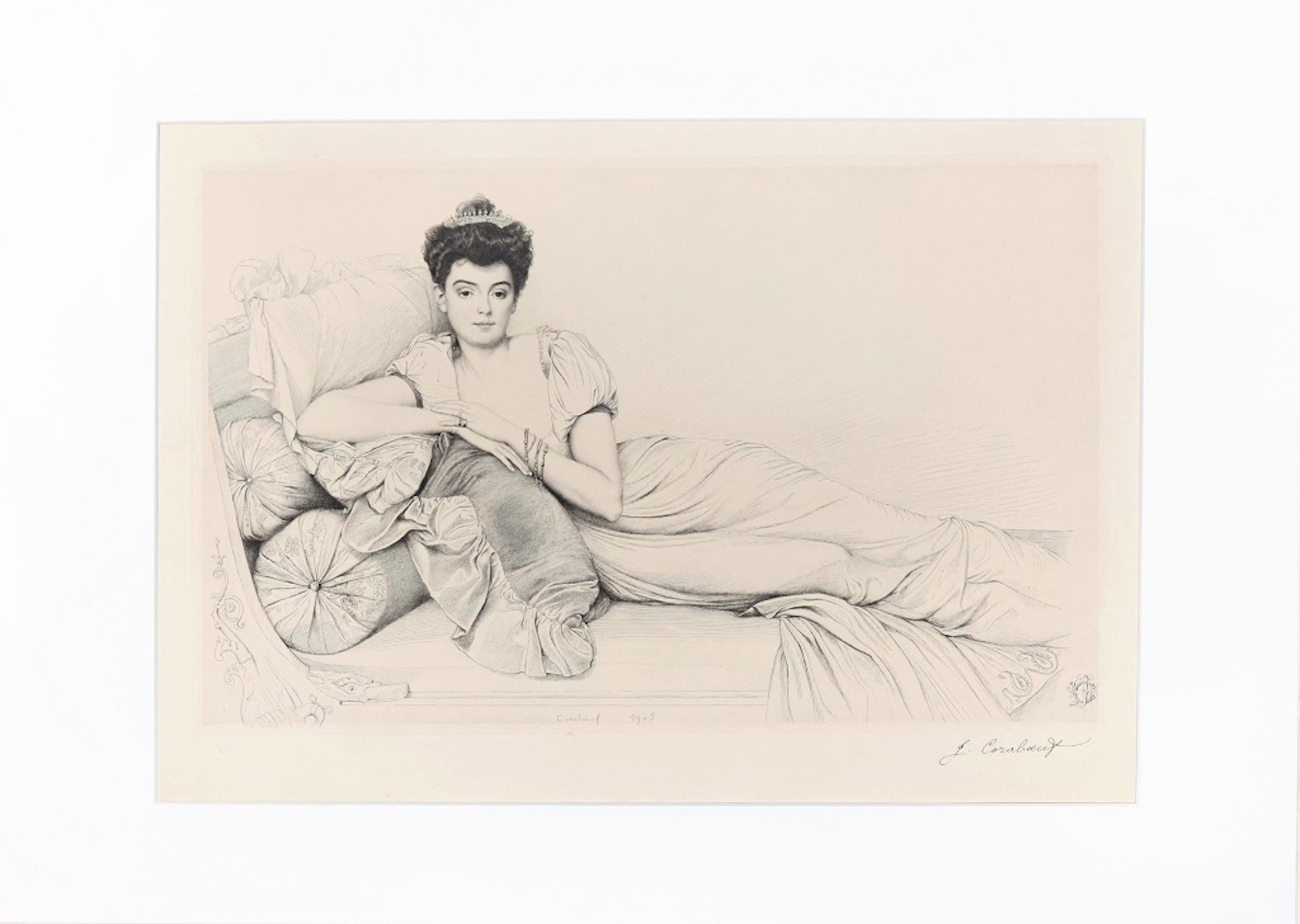 Porträt einer Adeligen Frau – Radierung von J. Coraboeuf – frühes 20. Jahrhundert
