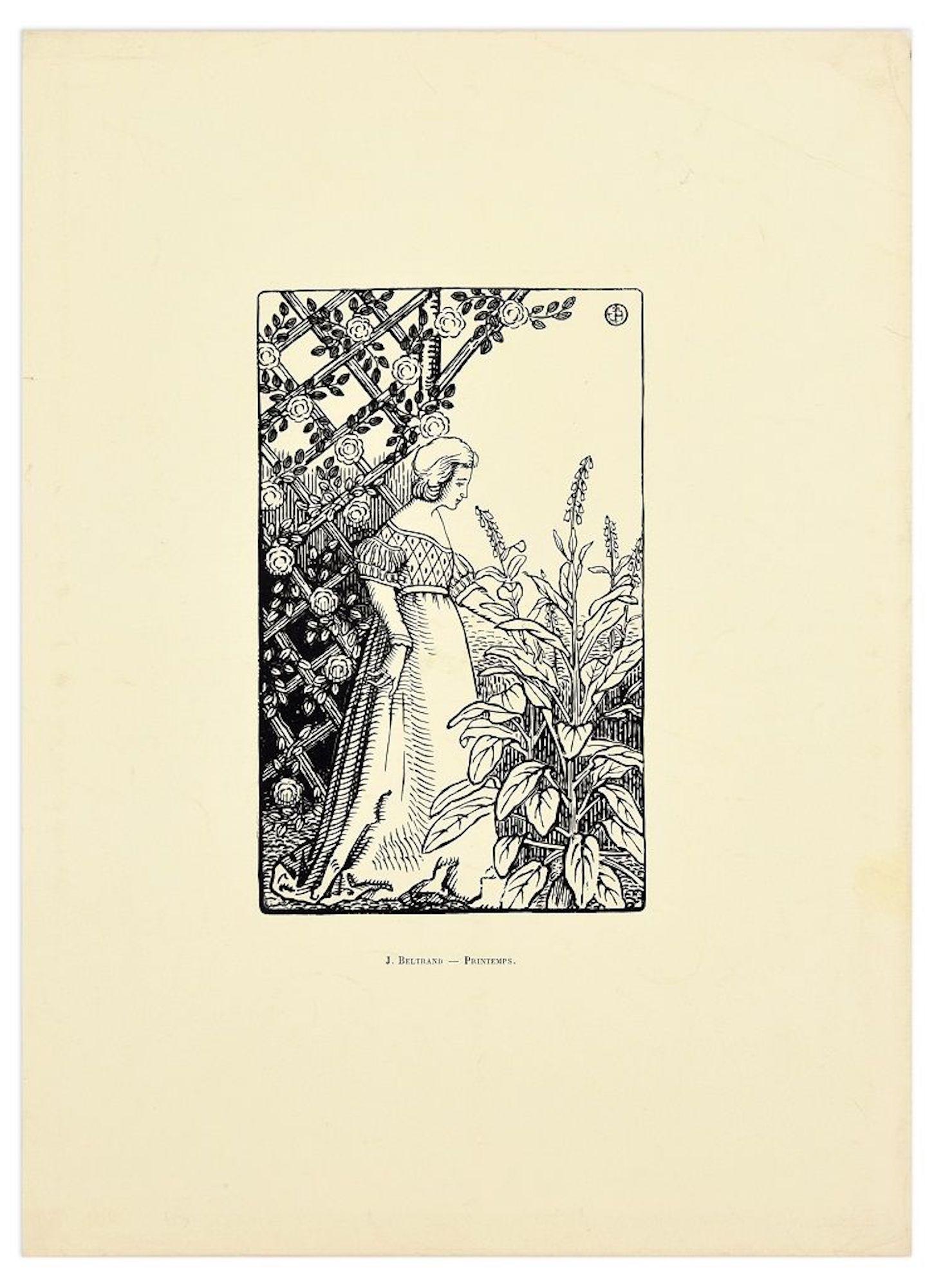 Jacques Beltrand Figurative Print - Printemps - Original Woodcut Print by J. Beltrand - 1899