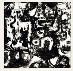 Black Abstract  - Original China Ink Drawing by P. Peters - Late 20th Century