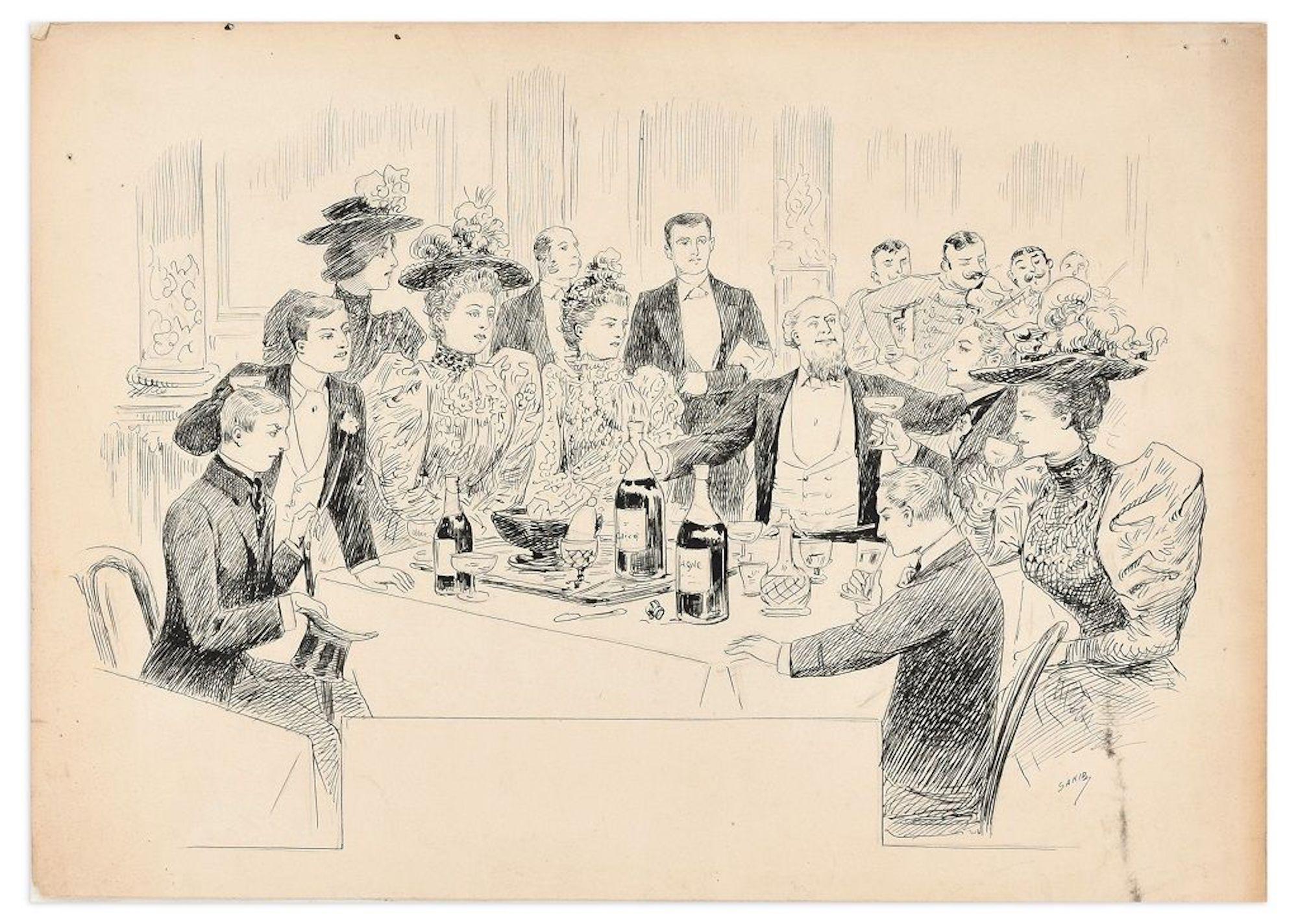 Pierre-Alexis Lesage Figurative Art - The Great Toast - Original China Ink on Paper by P.-A. "Sahib" Lesage -Late 1800