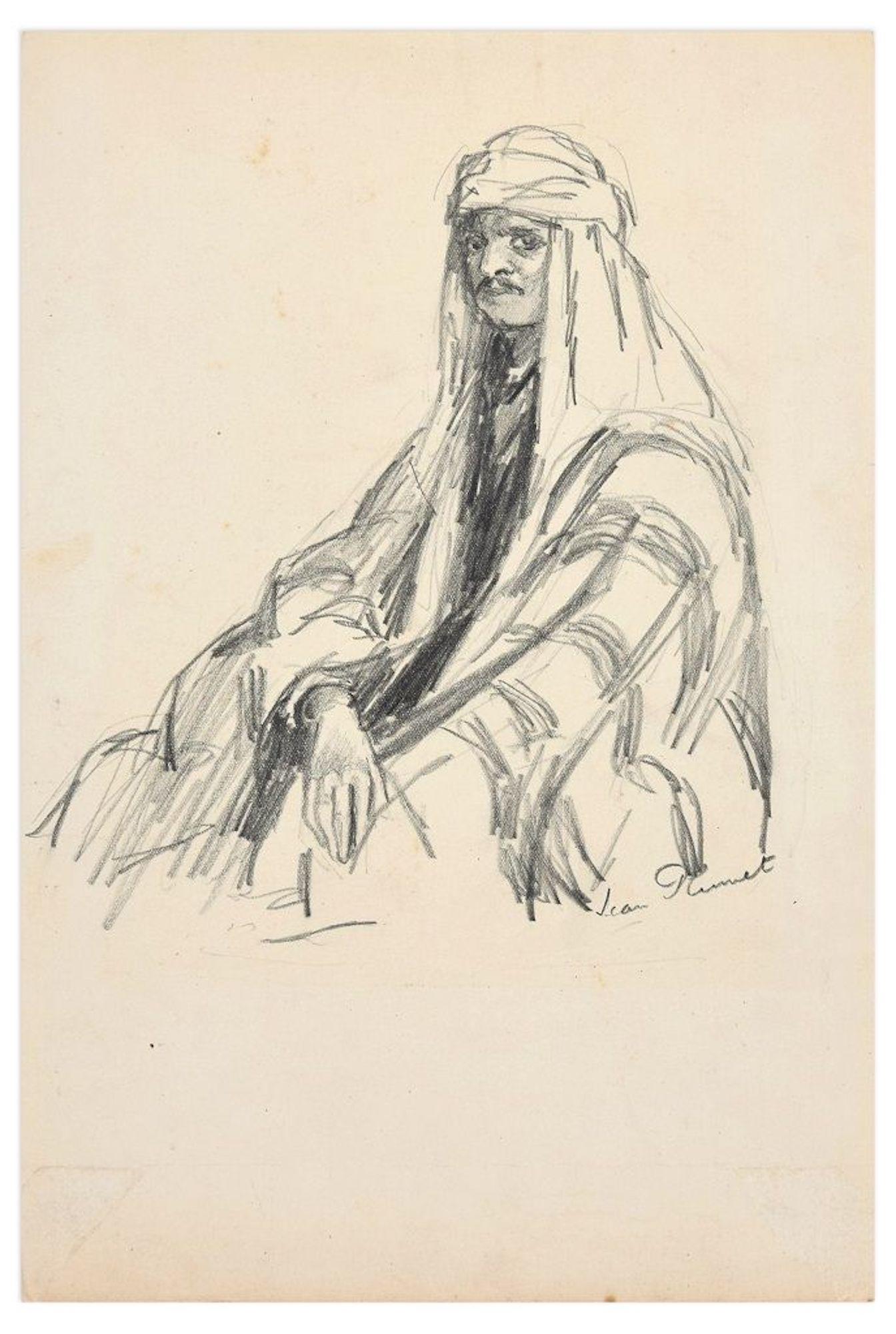 Portrait of Arab - Original Charcoal Drawing by Jean Plumet - Early 20th Century - Art by Jean Louis Plumet
