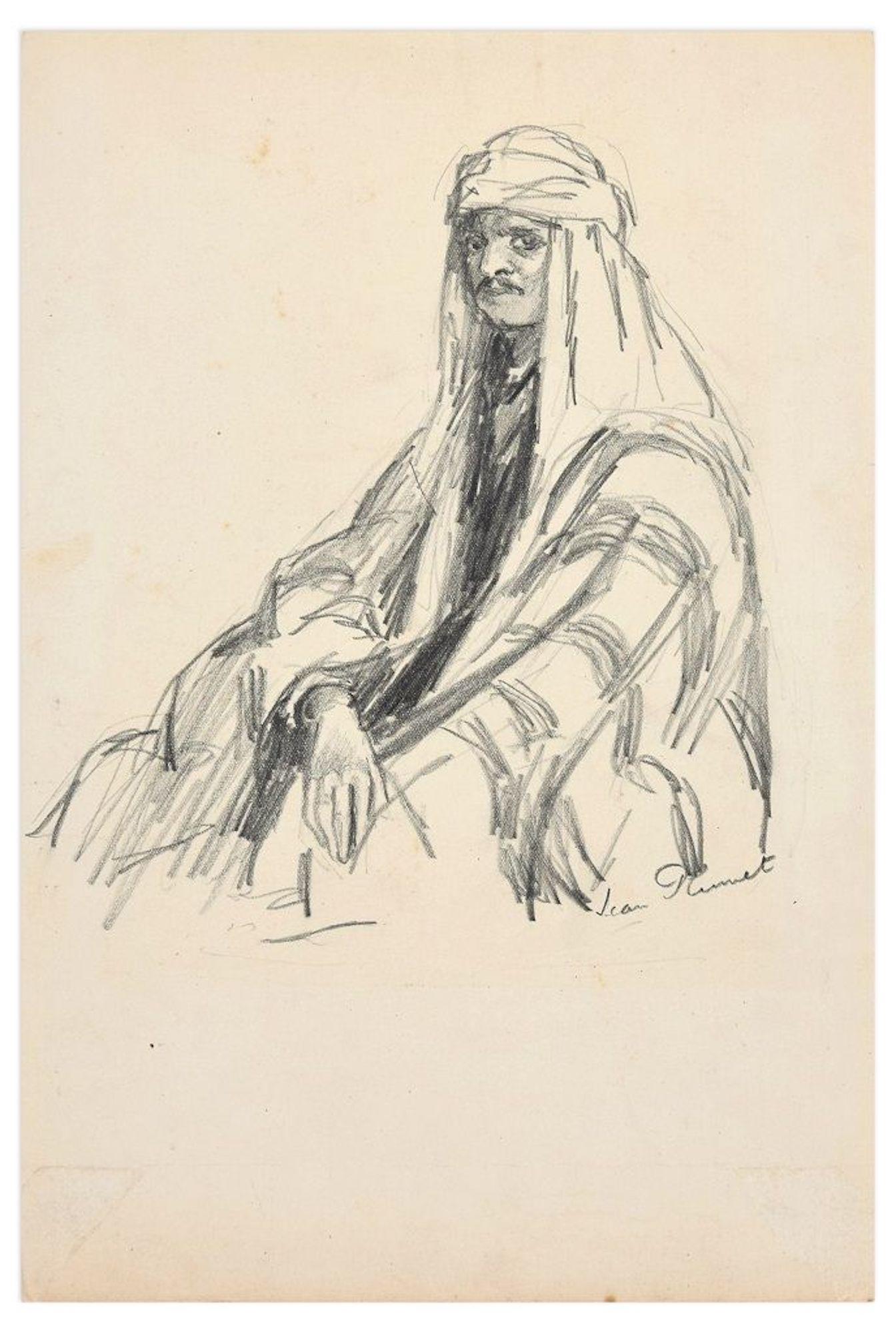 Portrait di Jean Louis Plumet - Ritratto di arabo - Disegno originale a carboncino di Jean Plumet - Inizio XX secolo