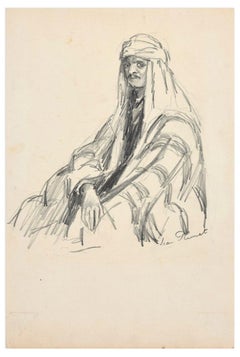 Portrait of Arab - Original Charcoal Drawing by Jean Plumet - Early 20th Century