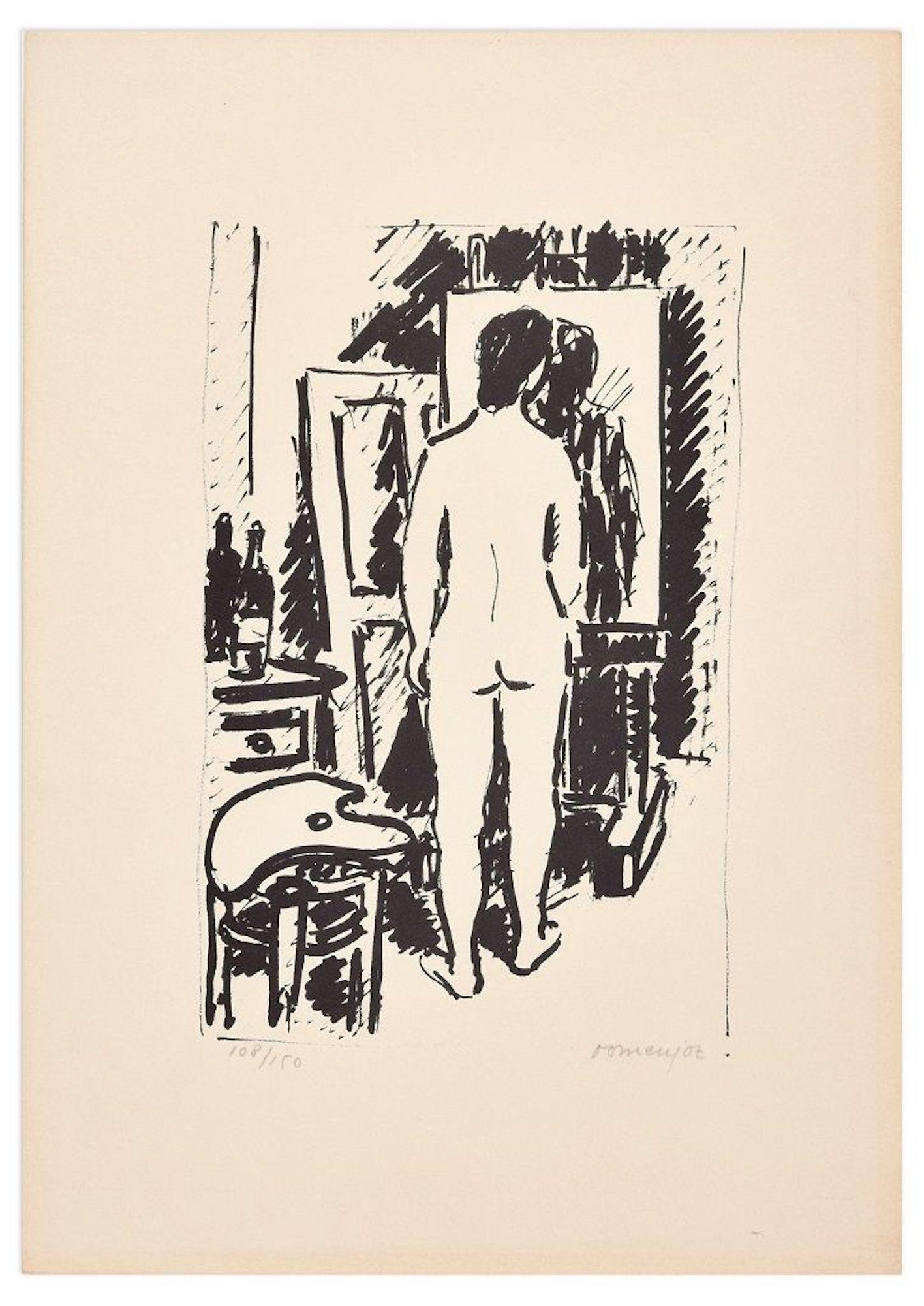 Raoul Domenjoz Figurative Print – Nue dans le Miroir – Originallithographie von R. Domenjoz – Mitte des 20. Jahrhunderts