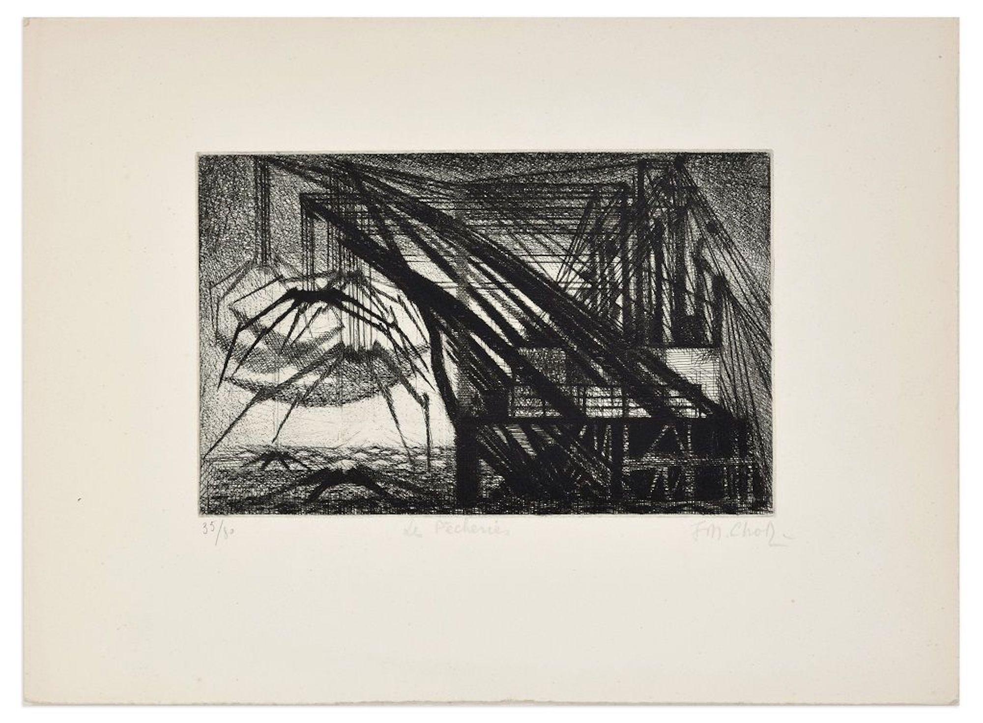 Les Pecheries is an original work realized by Maurice Chot-Plassot in the half of the XX Century. 

Original etching on paper. Hand-signed in pencil on the lower right corner. Titled in pencil on the lower central side. Numbered on the lower left
