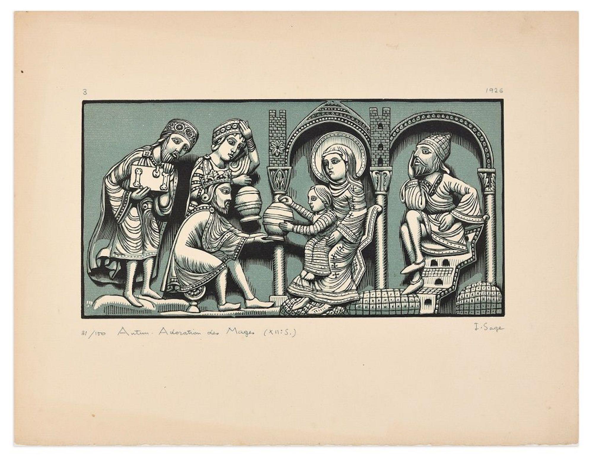 Isidore Sage Figurative Print - Adoration des Mages - Original Woodcut Print by I. Sage - 1926