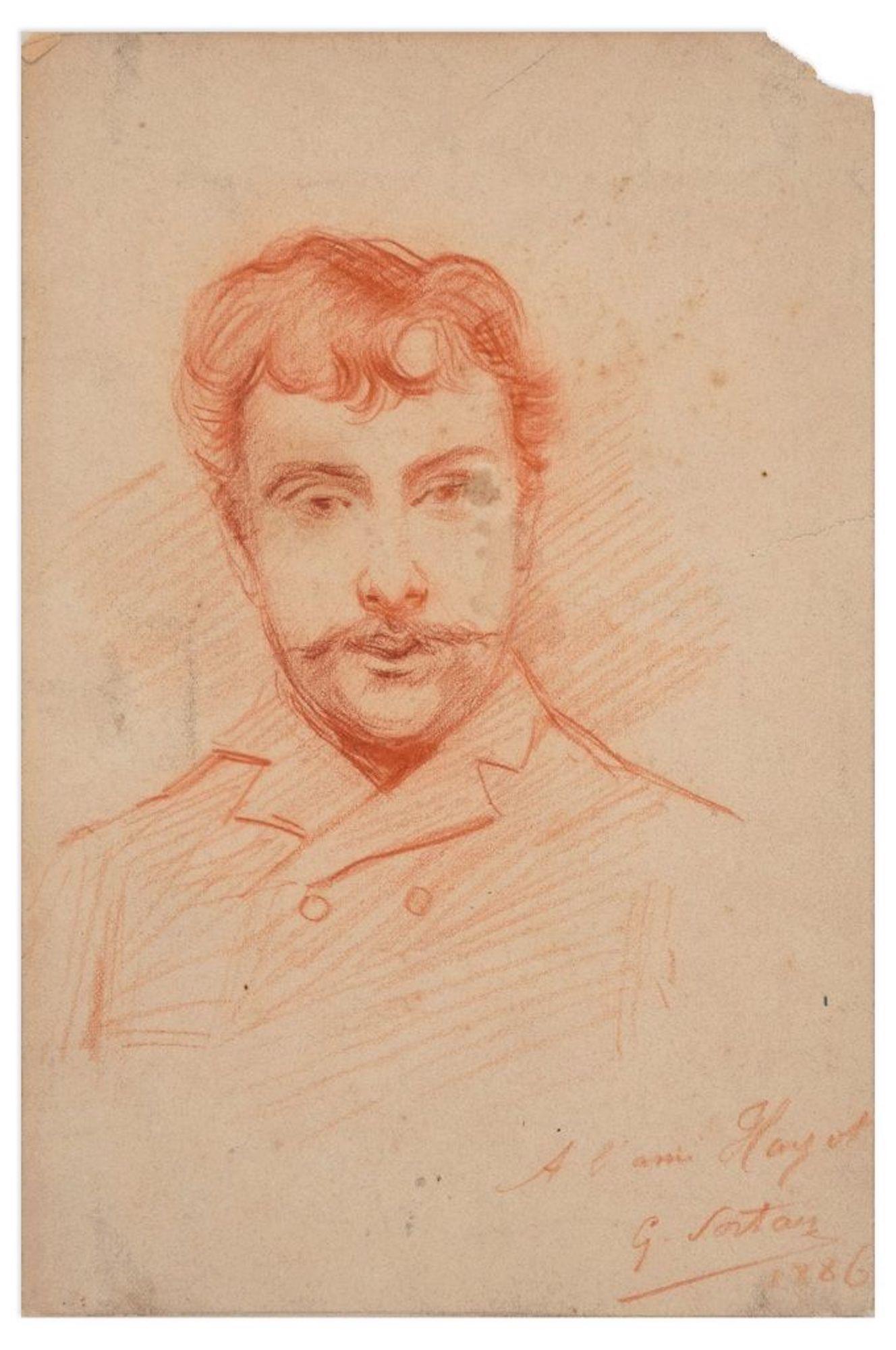 Portrait of a Man - Original Pencil Drawing by G.J. Sortais - 1886