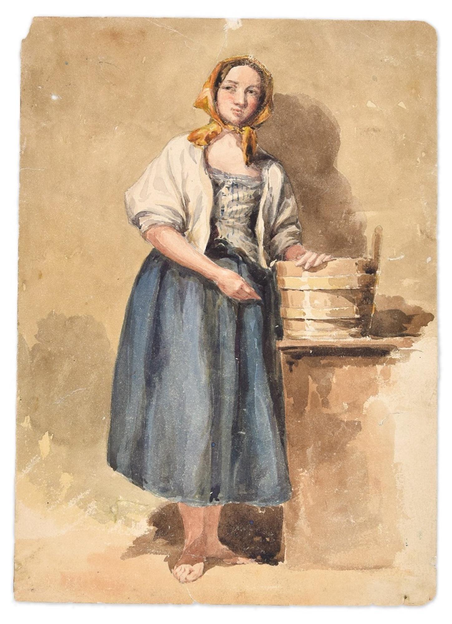 Agostino Aglio Figurative Art - Country Woman -Original Ink and Watercolor by A. Aglio - Early 19th Century