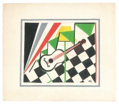 Guitar - Original Tempera on Paper by Esy Beluzzi - Mid 20th Century