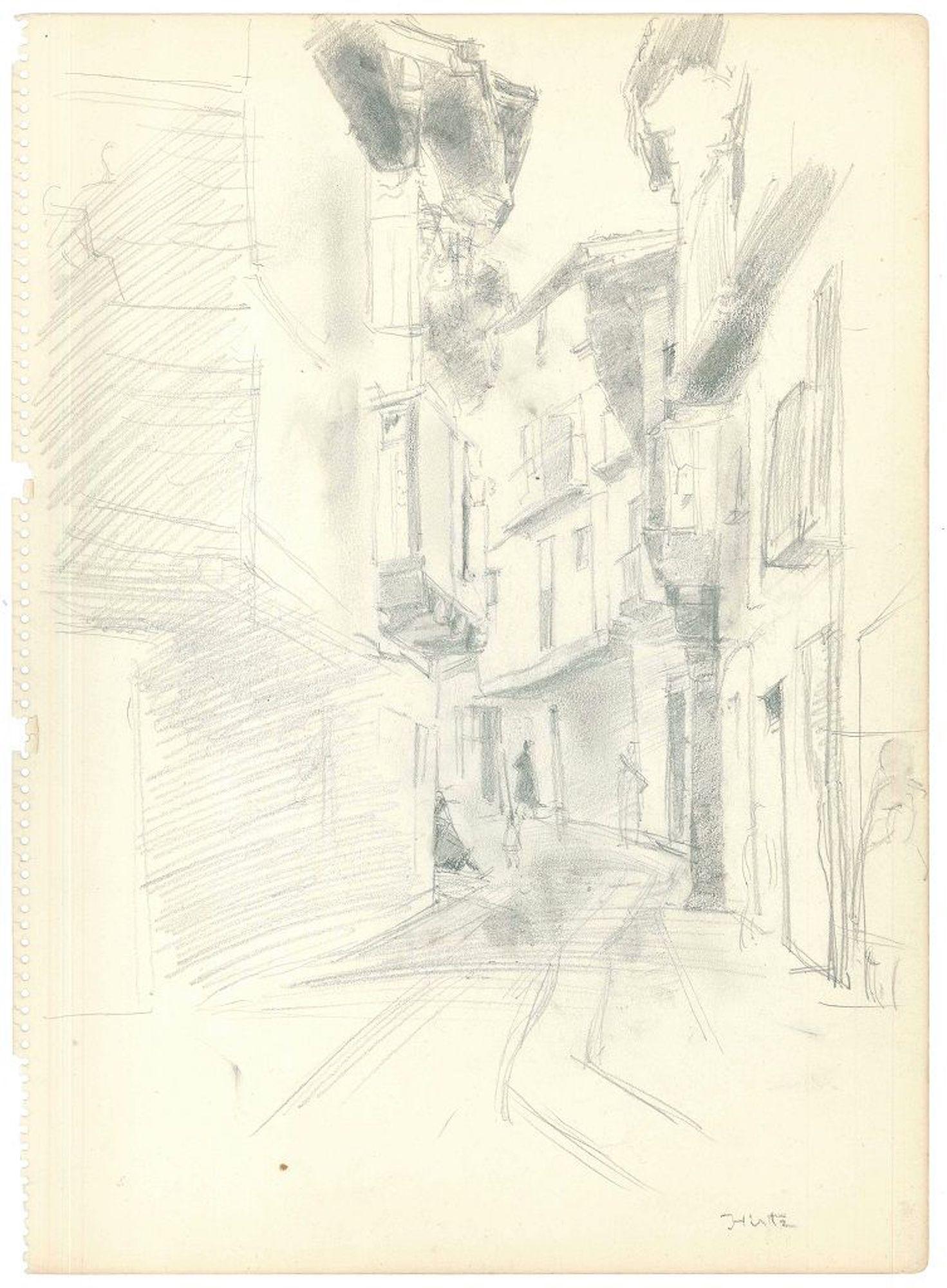 Narrow Lane – Original Bleistiftzeichnung auf Papier von J. Hirtz – Mitte des 20. Jahrhunderts