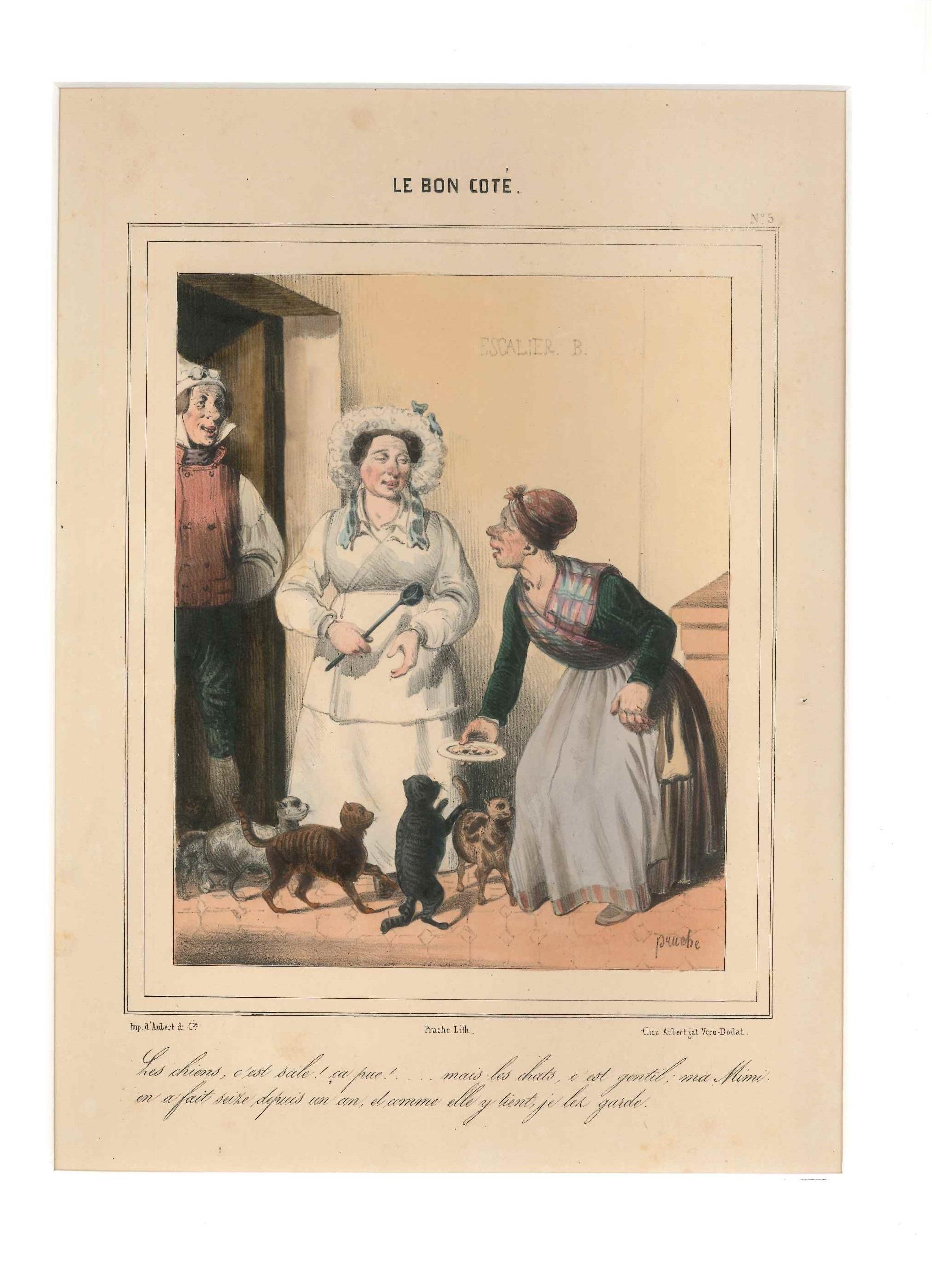 Clément Pruche Figurative Print - Le Bon Coté - Original Lithograph by C. Pruche - 1840 ca.