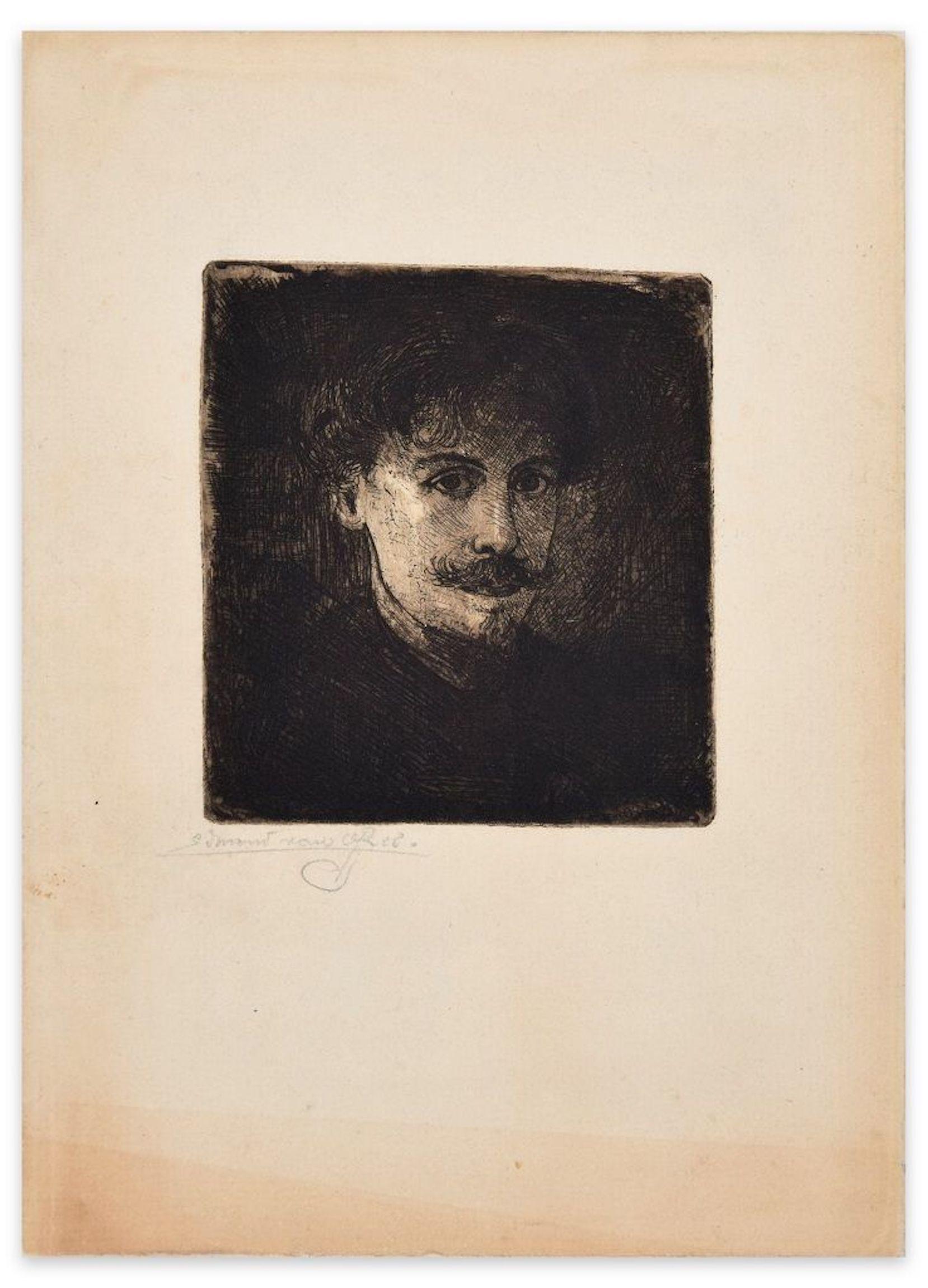 Edmond Marie Gabriel Van Offel Figurative Print - Portrait of Young Man - Original Etching by E. Van Offel - Early 20th Century