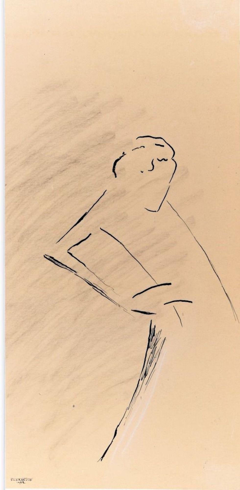Le Manteau - Original China Ink Drawing by Flor David - 1952