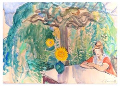 The Garden - Origina China Ink and Watercolor Drawing by C. Gardelle - 1950s