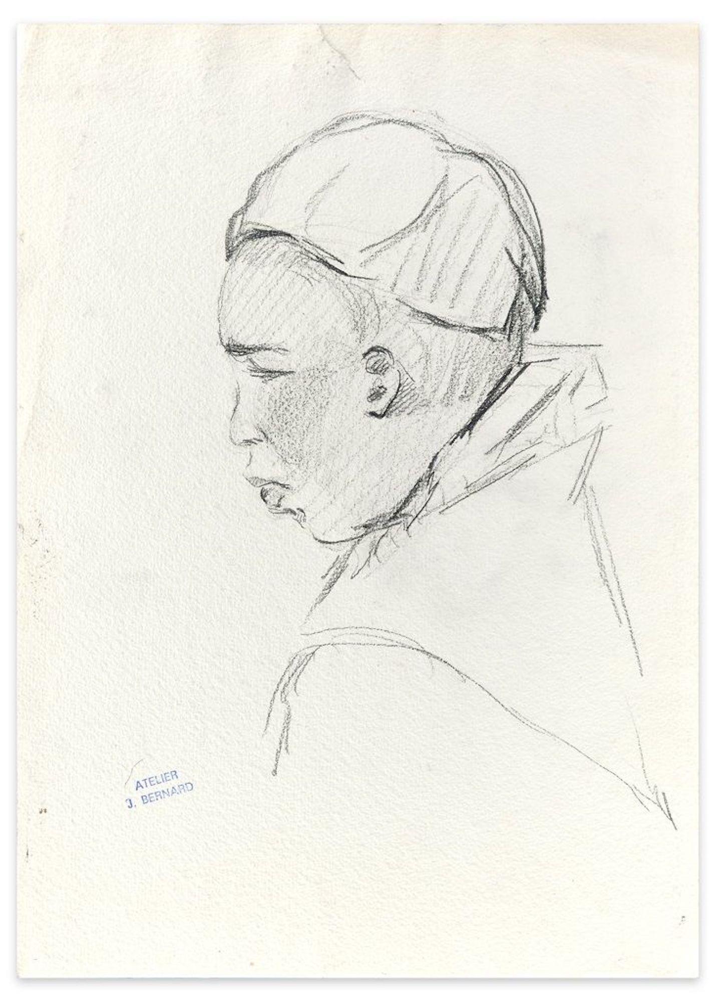 Joseph Bernard Figurative Art - A Monk - Original Charcoal Drawing by J. Bernard - Early 1900