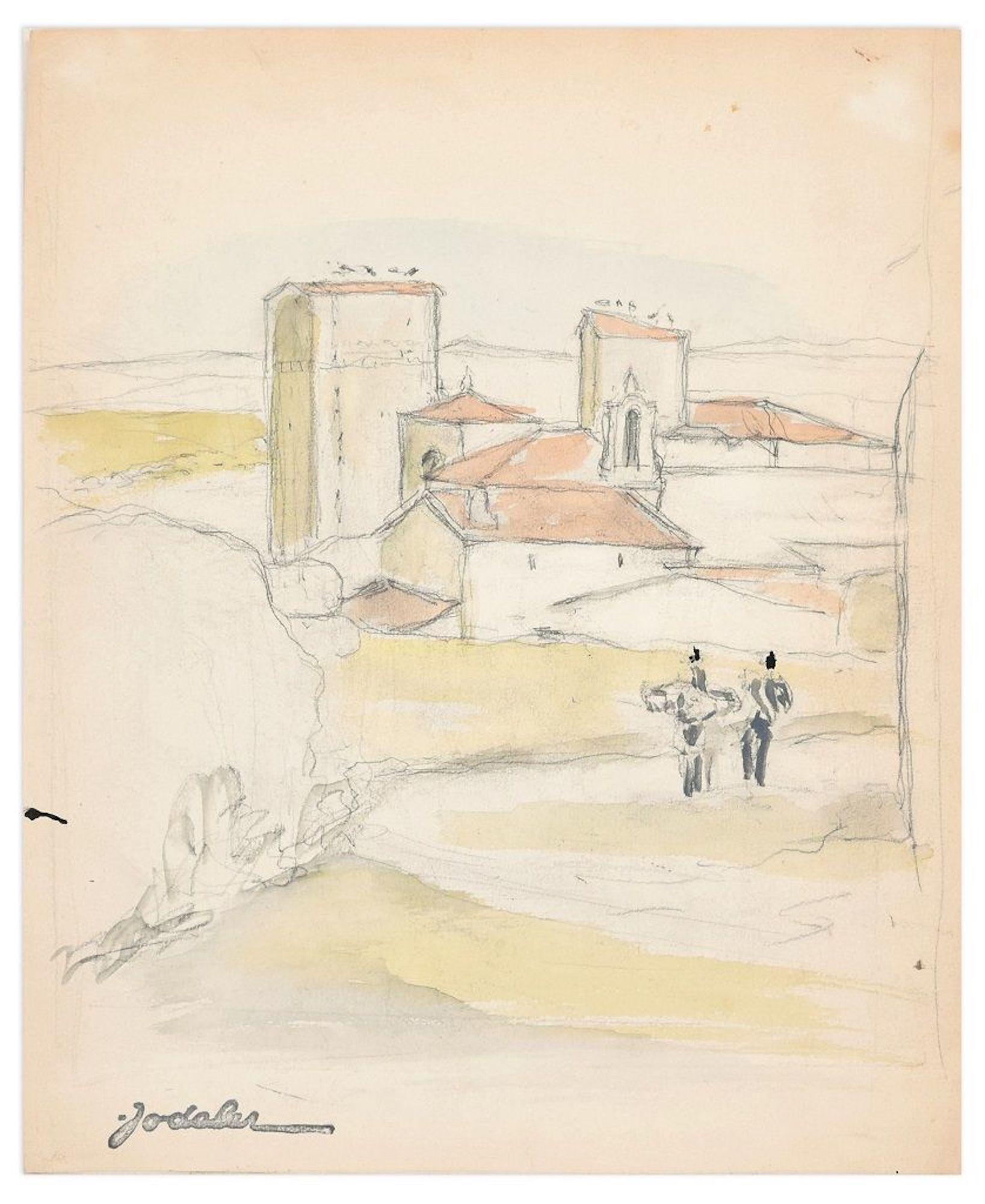 Emmanuel Charles Jodelet Landscape Art - Landscape - Original Pencil and Watercolor by E.C. Jodelet - Mid 20th Century