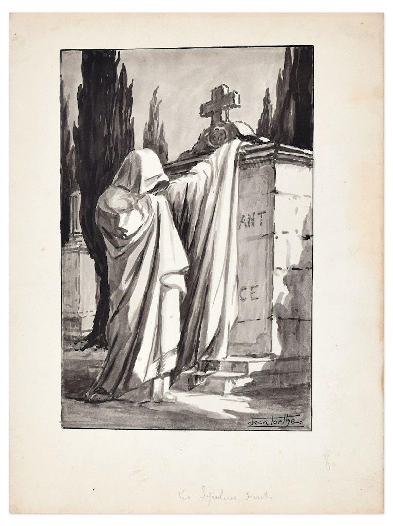 Les Sepulcres Secrets - Disegno a inchiostro e acquerello di Jean Torthe - Metà del 1900