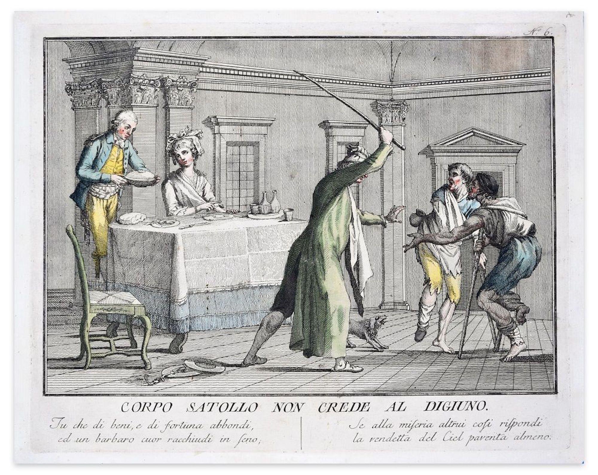 Corpo Satollo su Crede al Digiuno - Acquaforte colorata a mano di C. Lasinio - 1788