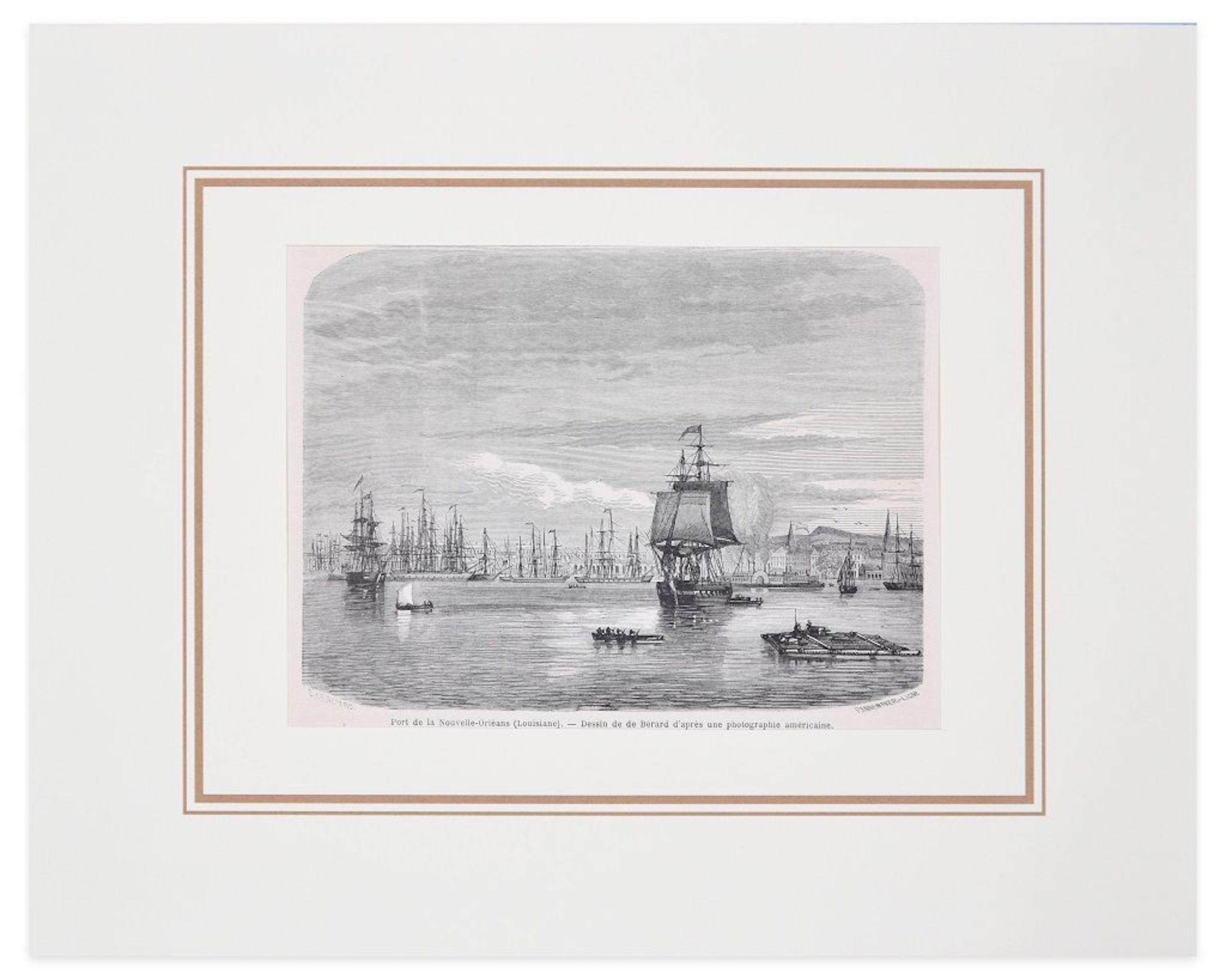 Port de la Nouvelle-Orléans - gravure sur bois originale de A.-F. Pannemaker - 1865 - Print de Adolphe-François Pannemaker