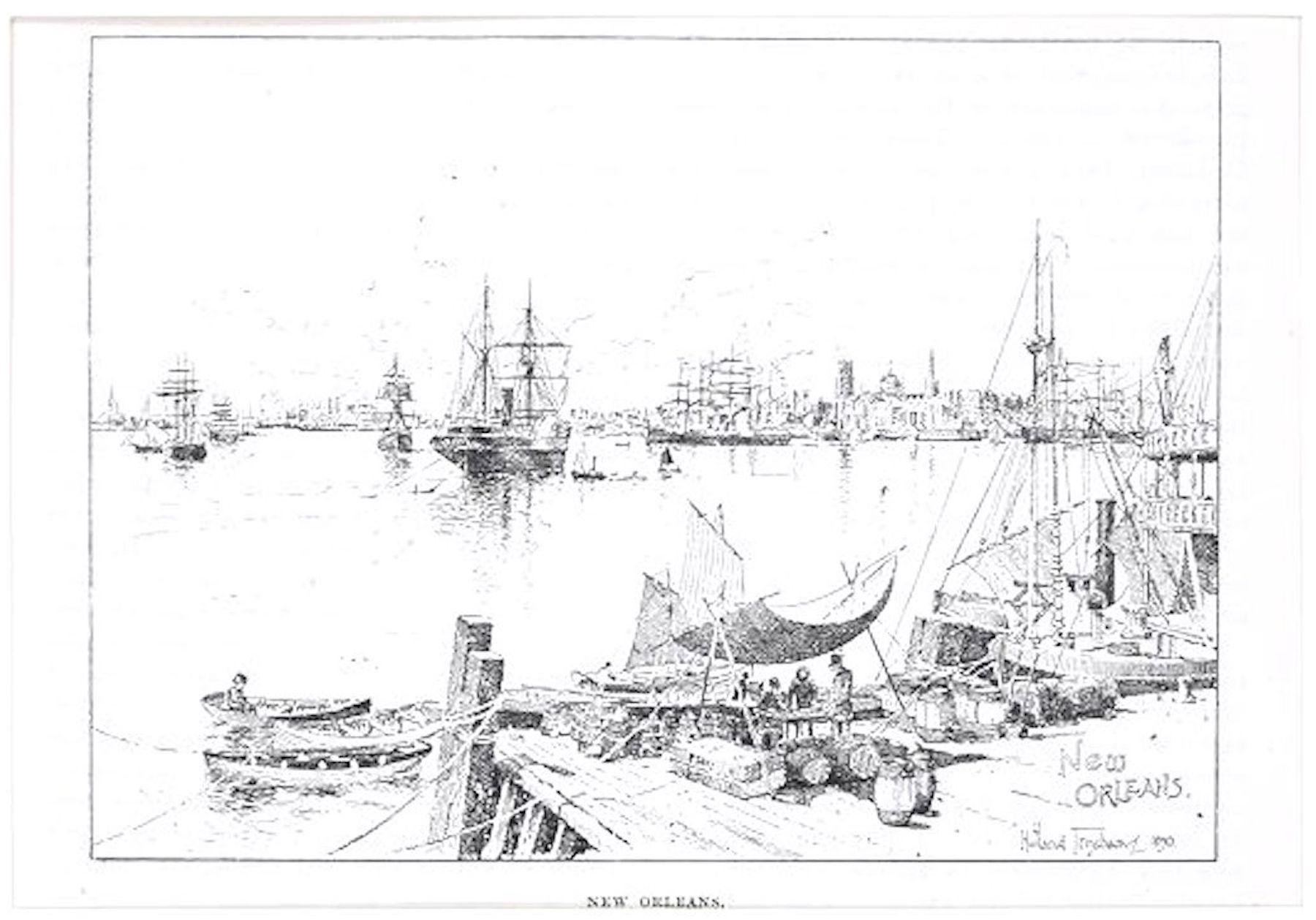 Joseph Holland Tringham Landscape Print - Port of New Orleans - Original Lithograph by J.H. Tringham - 1890
