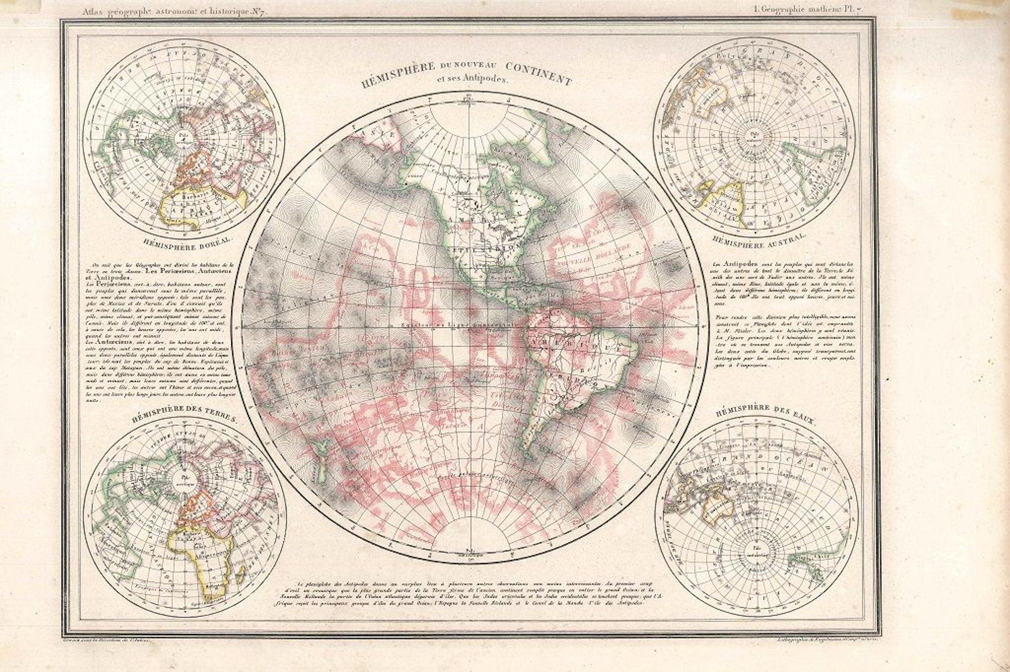 Johann Georg Heck Figurative Print – Hemisphäre des Neuen Kontinents – Antike Karte von J.G. Heck - 1834.