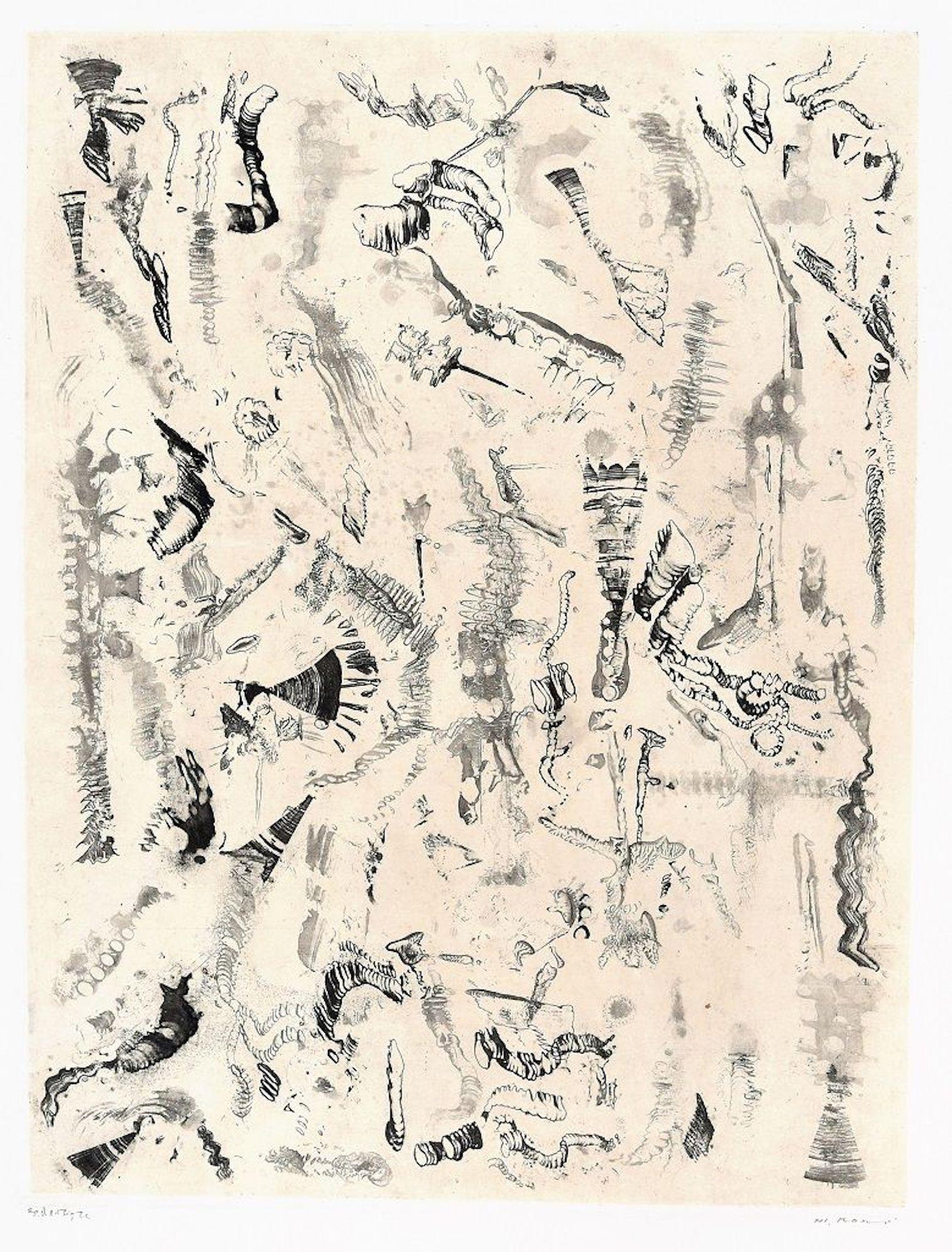 Abstract Print de Kanō Mitsuo - Fósforo y flor - Aguafuerte y aguatinta de Mitsuo Kano - 1959