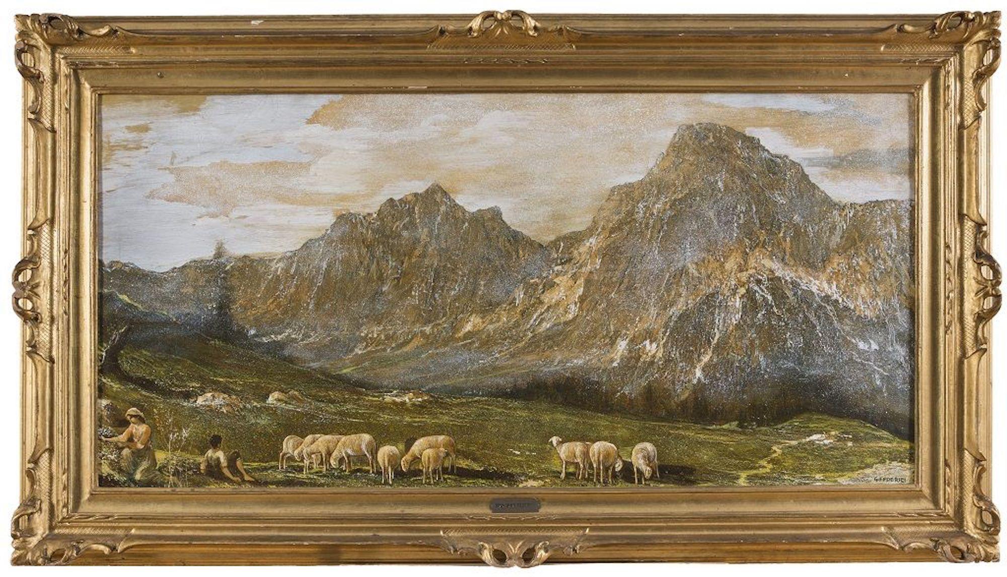 Landscape Painting de Gino Federici - Paisaje montañoso con pastos - Óleo sobre lienzo de G. Federici - Principios del siglo XX