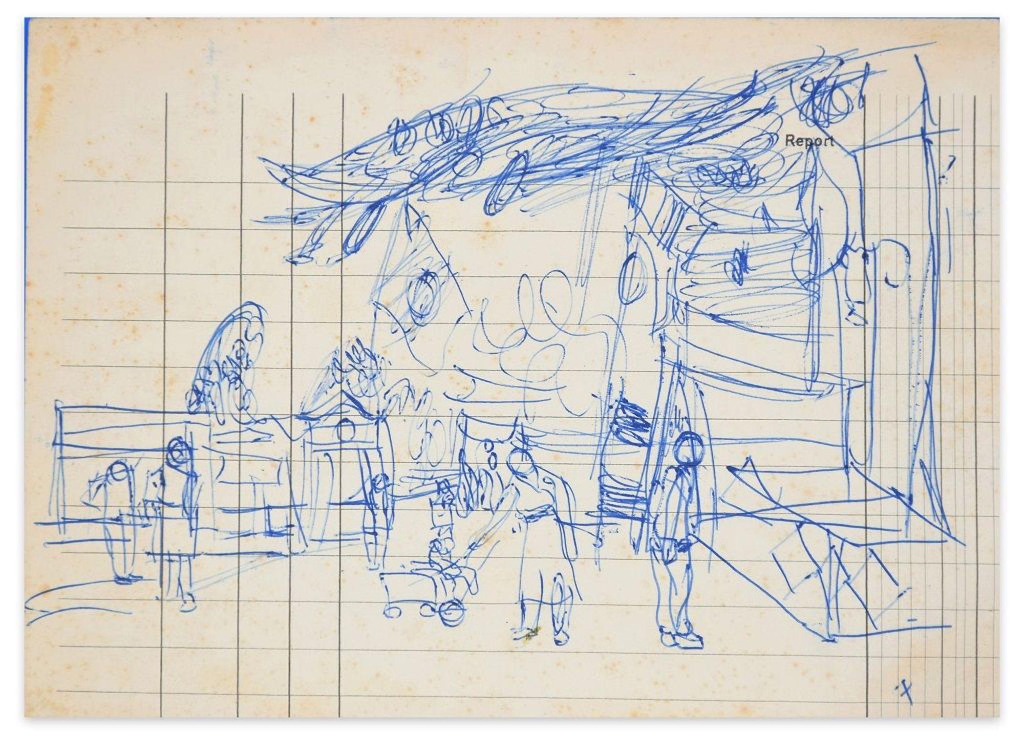 Lunapark is a wonderful blue ink original drawing realized on an accounting paper by the artist Jeanne Daour (1914-?).

With the typical rapidity of a sketched drawing, this modern artwork represents a joyful scene of mothers and sons in a luna park
