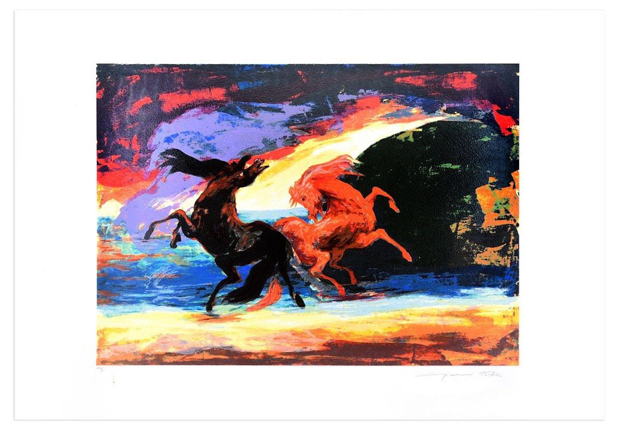 Horse Carousel est une estampe originale réalisée par l'artiste italien Gianni Testa (1936) en 1986.

Sérigraphie aux couleurs mélangées. 

Signé à la main par l'artiste en bas à droite. Numéroté en bas à gauche. Edition XXIX / L.

Très bonnes