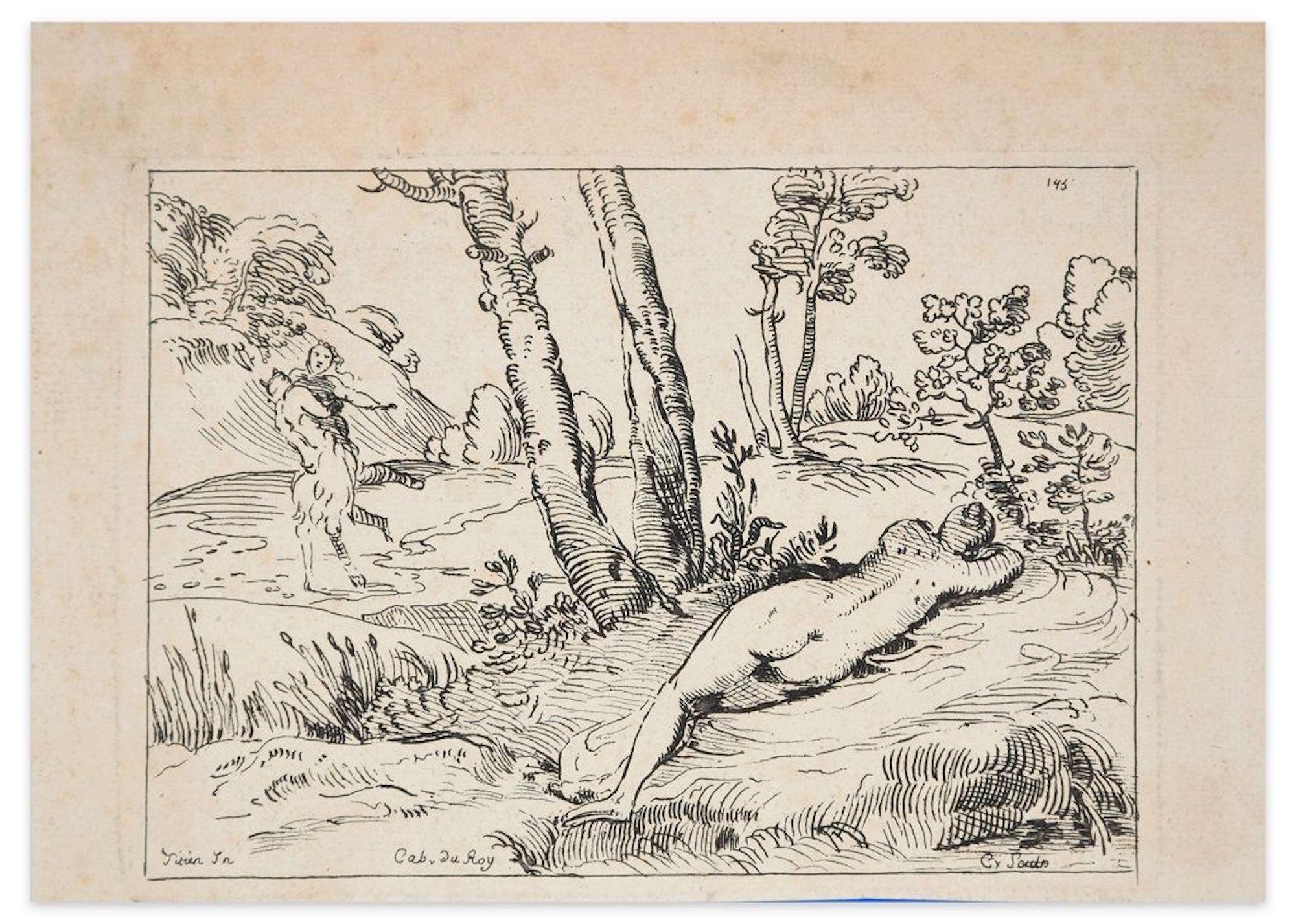 Anne Claude Philippe de Tubières Figurative Print - Sleeping Nymph - Original Etching After Titian - Early 18th Century