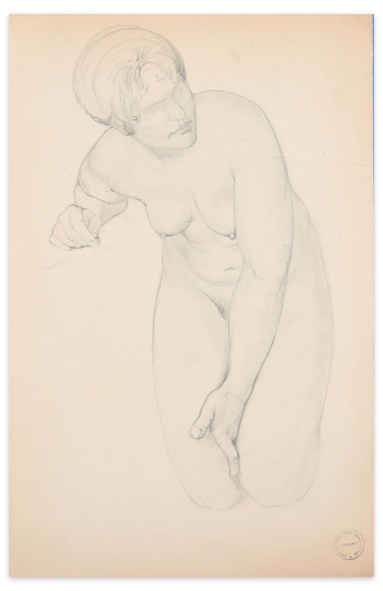 Nu agenouillé - Drawing original au crayon de Paul Garin - Milieu du XXe siècle