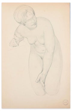 Vintage Kneeling Nude - Original Pencil Drawing by Paul Garin - Mid 20th Centur