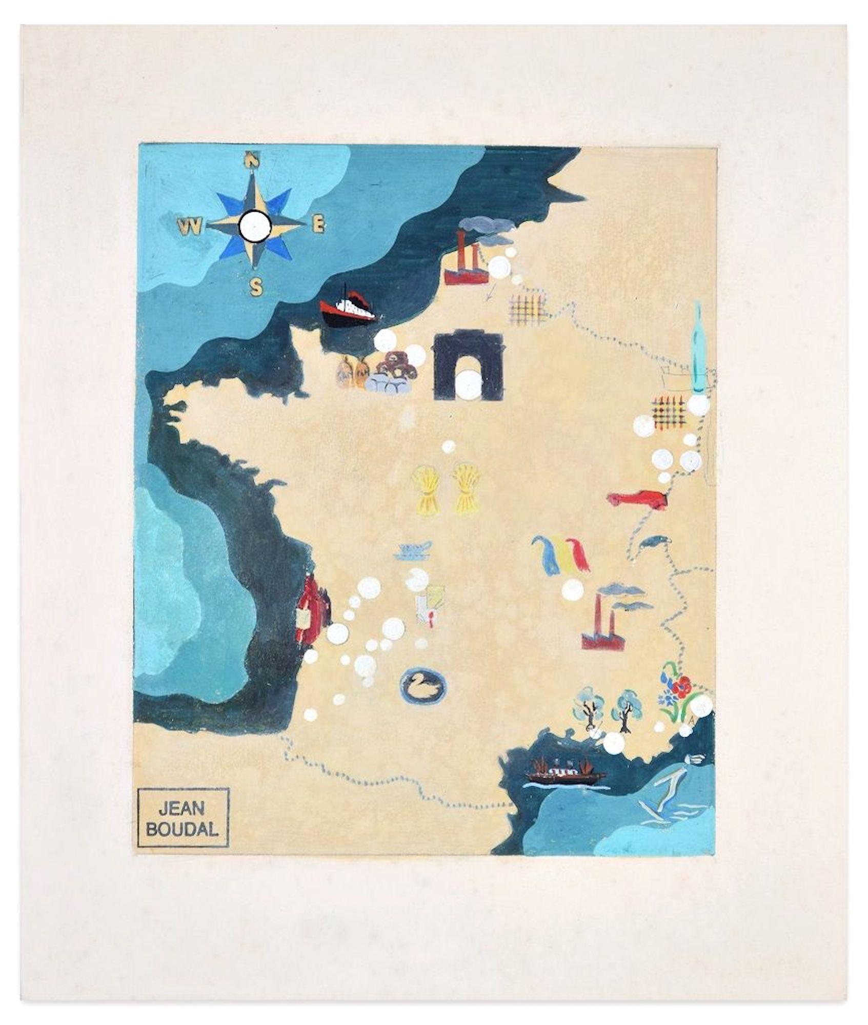 Treasure Hunt is an original tempera on paper, realized by Jean Boudal in the 1950s. 

Artist's name in block letters on lower-left corner.

This very nice little painting represents a map with stylized drawings. At the top left, the compass rose