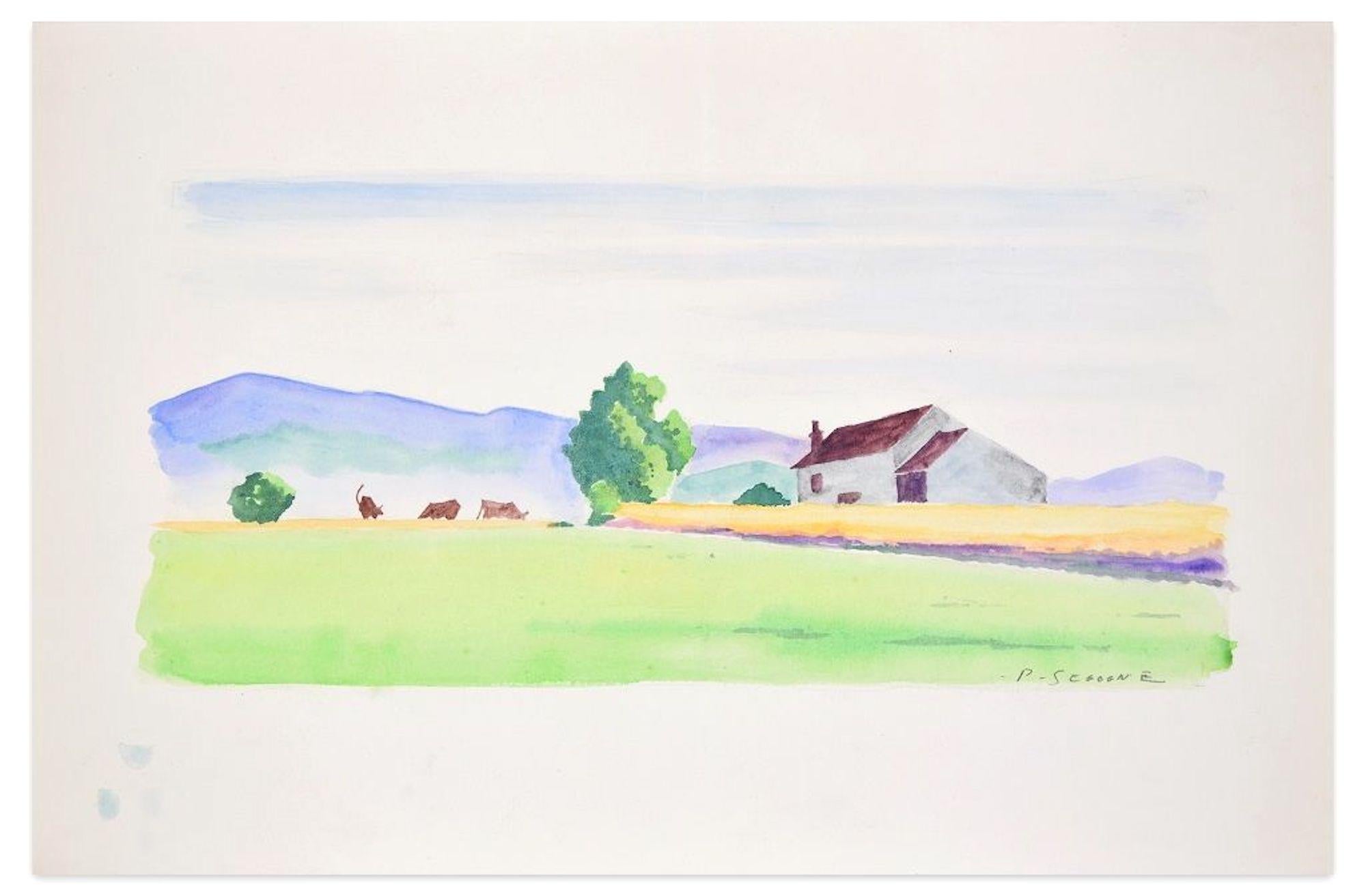 Countryside is an original artwork, realized by Pierre Segogne in the 1950s. 

Hand-signed on lower right margin.

Mixed colored watercolor on paper. 

This beautiful artwork represents a very peaceful countryside landscape, with a farmhouse and
